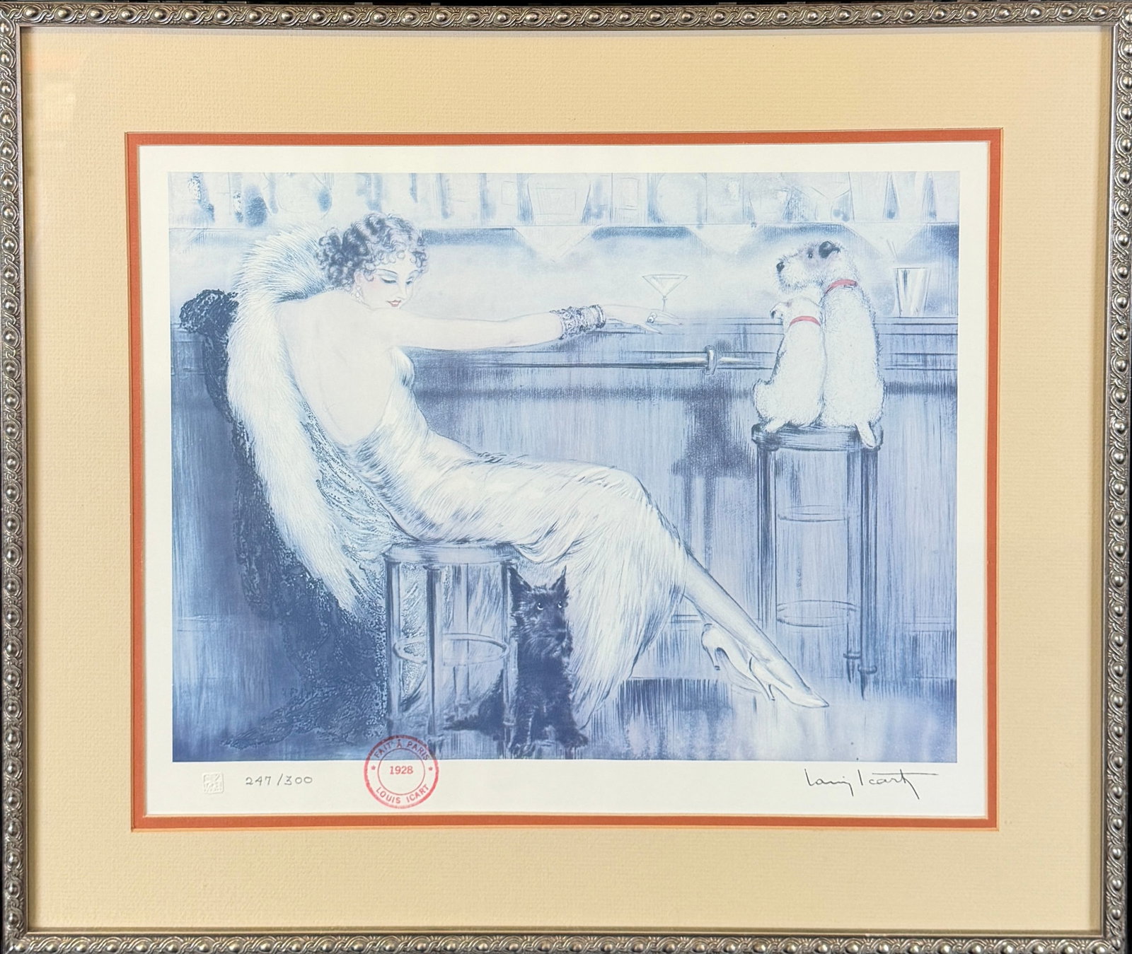 LOUIS ICART ART PRINT - LE COCKTAIL, 1928: LIMITED EDITION 247/300 PRINT, SIGNED IN GRAPHITE. STAMPED AND EMBOSSED PAPER. 20"X23"
