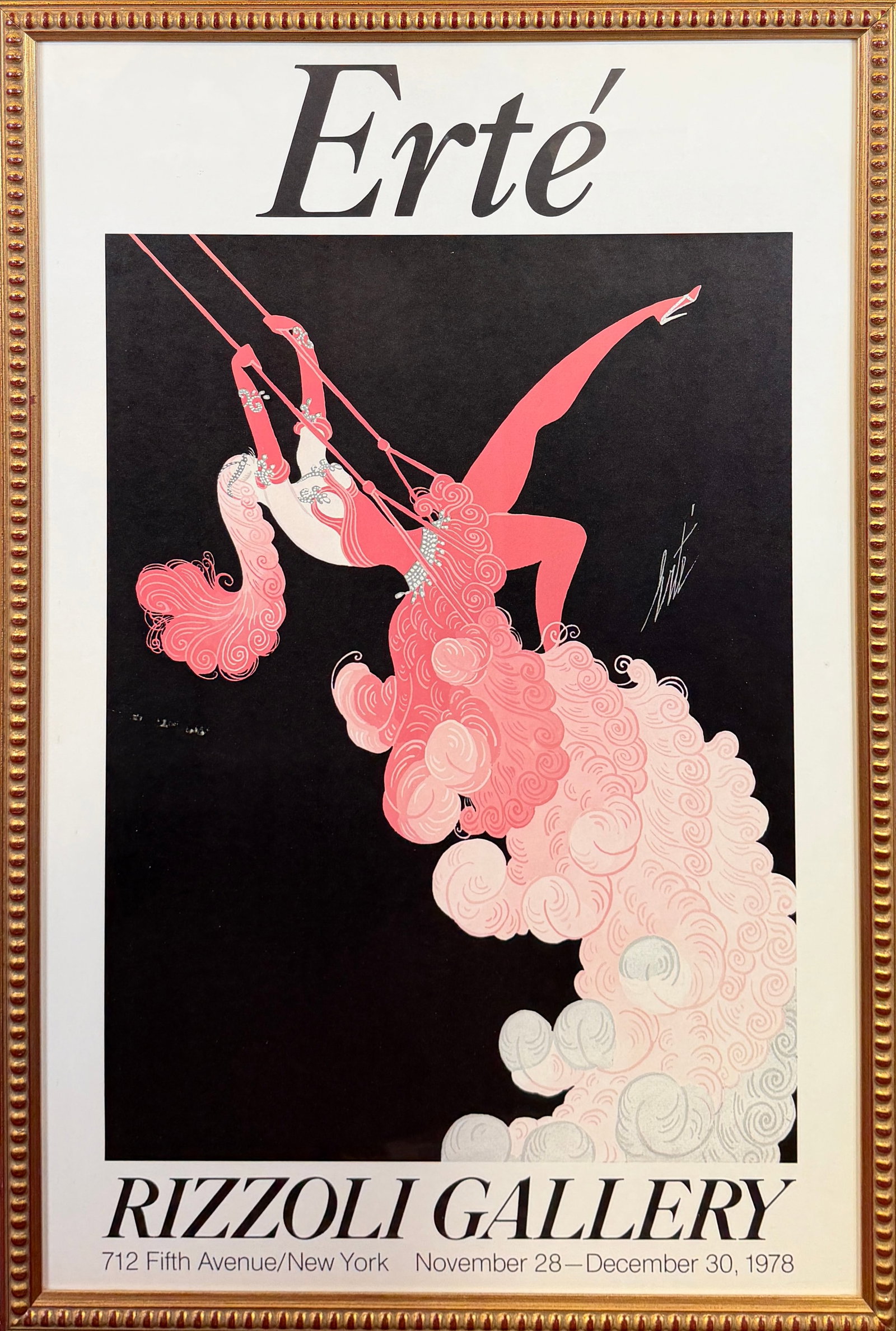 ERTE TRAPEZE - RIZZOLI GALLERY POSTER: ERTE TRAPEZE POSTER, RIZZOLI GALLERY, NEW YORK, 1978. FRAMED. HAS NOT BEEN EXAMINED OUTSIDE OF FRAME. 27"X41"
