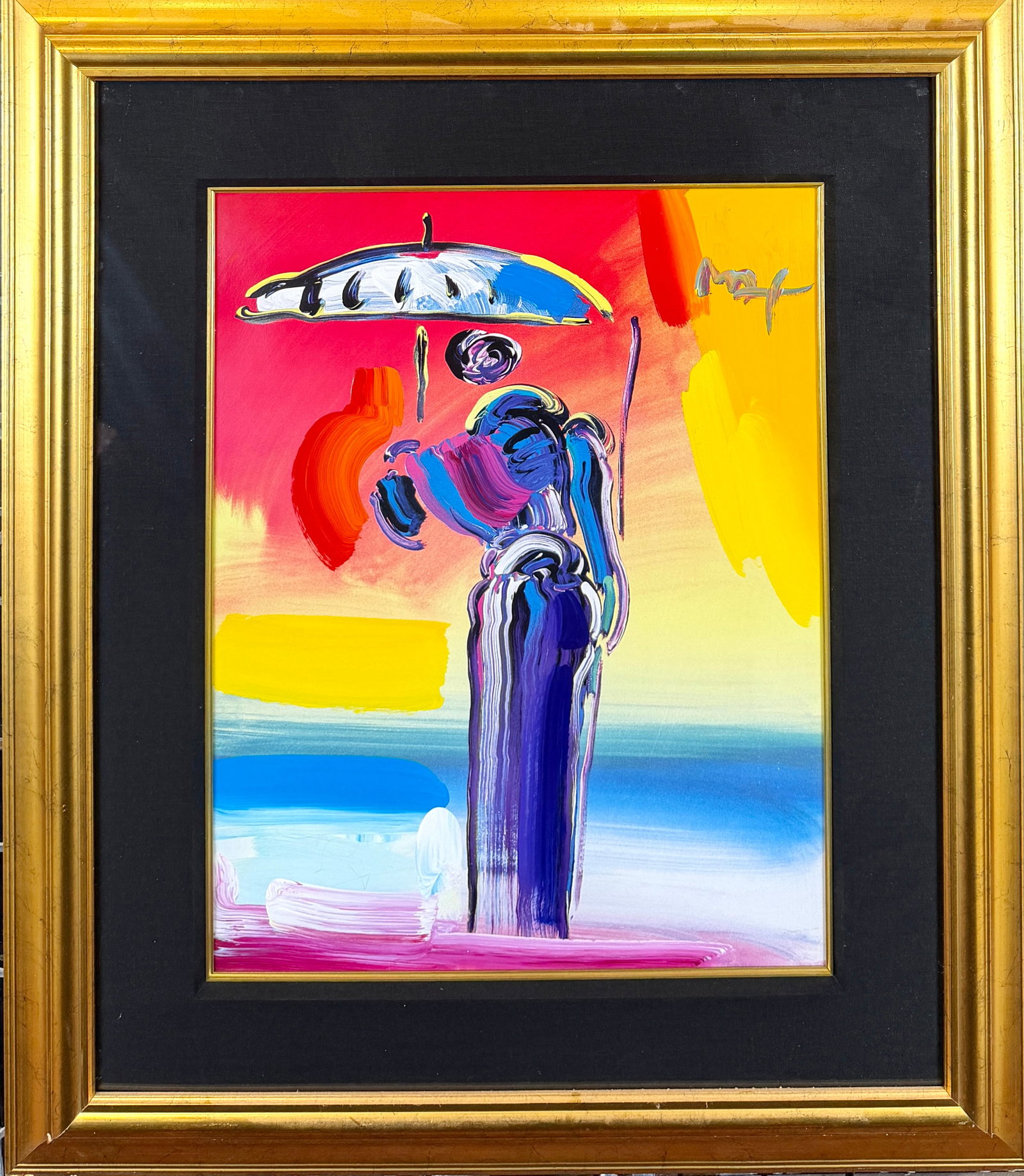 PETER MAX - UMBRELLA MAN WITH CANE PAINTING: PETER MAX (GERMAN-AMERICAN, B.1937) MIXED MEDIA PAINTING TITLED: UMBRELLA MAN WITH CANE. ACRYLIC AND COLOR LITHOGRAPHY ON PAPER. SIGNED IN ACRYLIC. A UNIQUE WORK. APPRAISAL BY PARK WEST IN 2006 FOR $7