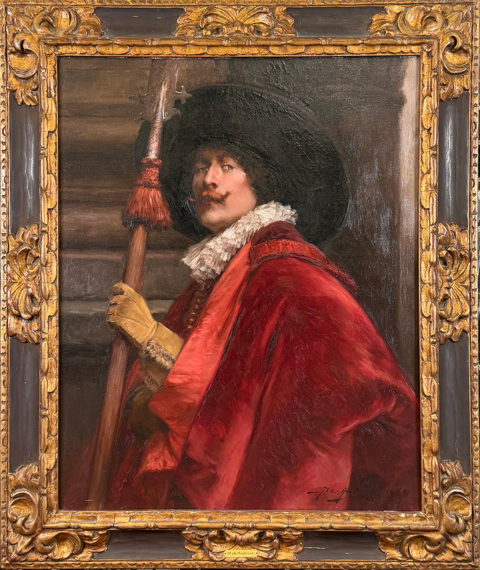 ALEX DE ANDREIS PAINTING - NEWCOMB MACKLIN: ALEX DE ANDREIS (FRENCH/BELGIUM, 1880-1929) OIL ON CANVAS PORTRAIT PAINTING OF A CAVALIER, MOUNTED IN A SPANISH REVIVAL NEWCOMB MACKLIN (ATTR.) FRAME. SIGNED. 41"X33"