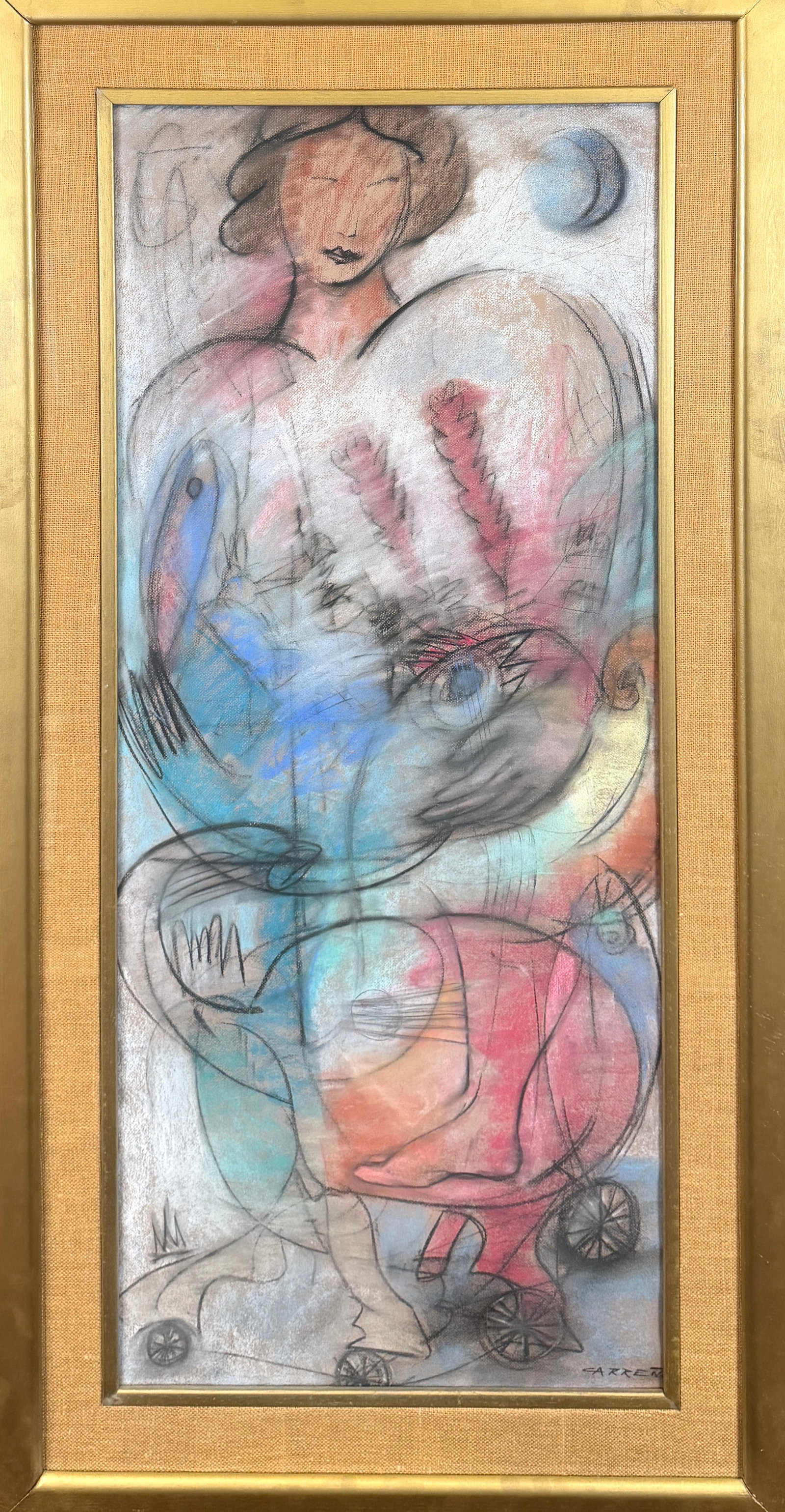ANTONIO CARRENO PASTEL PAINTING: ANTONIO CARRENO ( D.R., B.1963) PASTEL ON PAPER PAINTING. ABSTRACT WOMAN, ELEPHANT. SIGNED LOWER RIGHT. FRAMED. 63"X33"