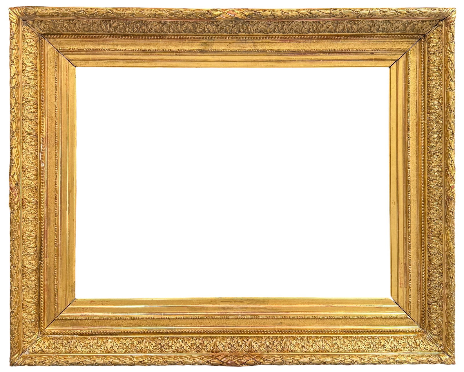 LARGE ORNATE 19TH C. PICTURE FRAME: DETAILED PICTURE FRAME, GILT. SCATTERED AREAS OF MINOR LOSS. 53"X43"