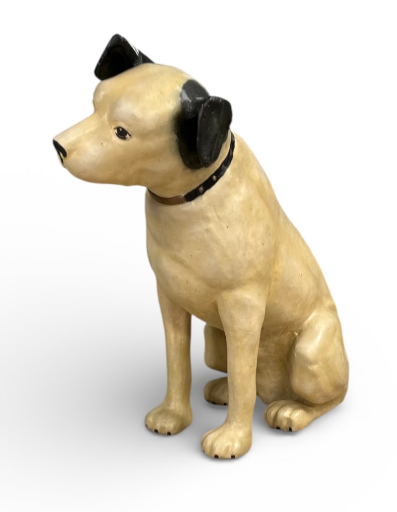 LARGE RCA VICTOR NIPPER WINDOW DISPLAY: ORIGINAL PAPER MACHE WINDOW DISPLAY FOR THE RCA VICTOR COMPANY DEPICTING NIPPER THE DOG. GOOD VINTAGE CONDITION. 37"H