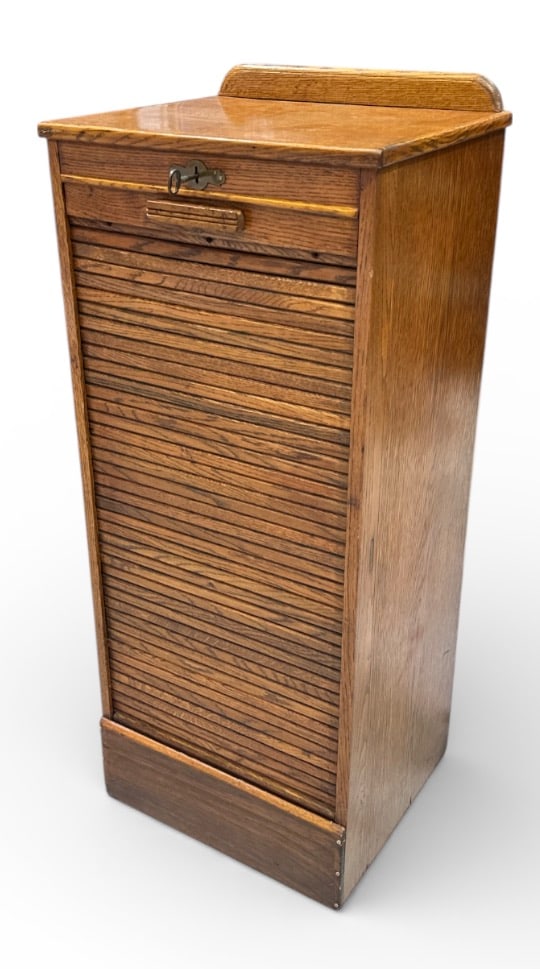 ANTIQUE OAK TAMBOUR DOOR FRONT FILING CABINET (1 of 3)