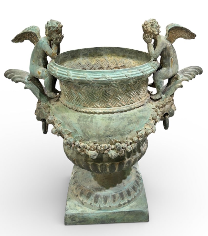 DOUBLE CHERUB PATINATED CAST BRONZE GARDEN URN: LARGE GARDEN PLANTER, AFTER PIERRE DUVAL LE CAMUS. BASE IS 17"X17". 38"H