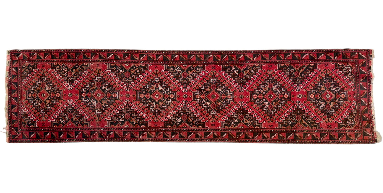 PERSIAN RUNNER CARPET: PERSIAN RUNNER IN RED AND BROWN TONES, DIAMOND PATTERNS. CLEAN. 9'4"X2'5"