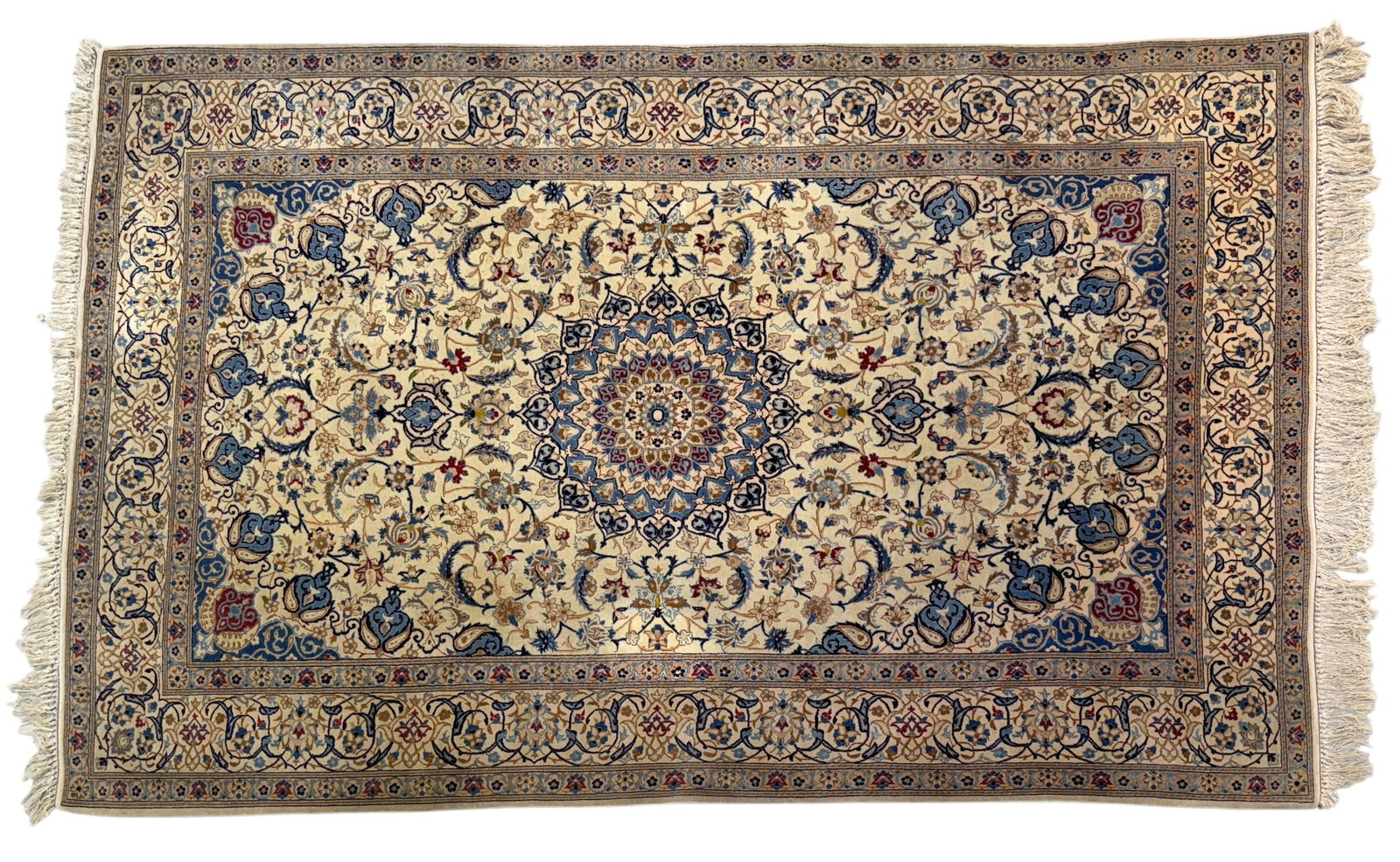 PERSIAN AREA SCATTER CARPET: PERSIAN SCATTER RUG, WOOLEN WITH SILK HIGHLIGHTS, CENTRAL MEDALLION WITH CURVILINEAR FLORAL MOTIFS. CLEAN. 6'8"X4'5"