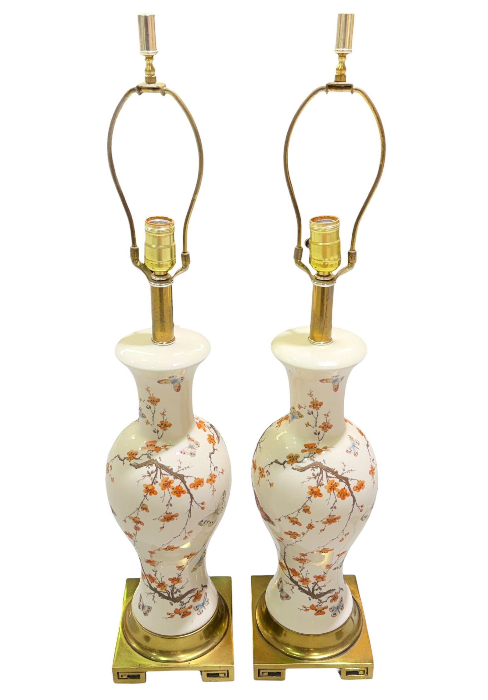 VINTAGE CHINOISERIE TABLE LAMPS: PORCELAIN BODY WITH CRAZING, CHERRY BLOSSOM DESIGNS, GREEK KEY BRASS BASE. 24"H