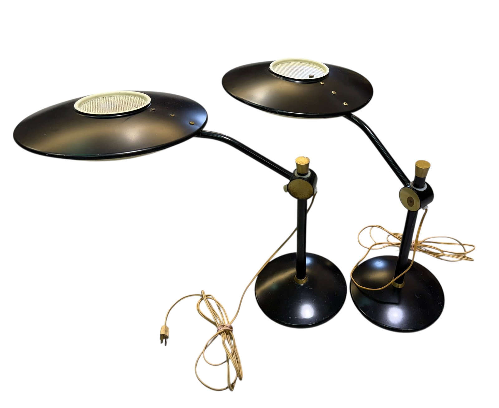 PAIR - DAZOR SAUCER LAMPS: BLACK BODY WITH BRASS ACCENTS, FIBERGLASS SHADES, ADJUST FOR HEIGHT AND ARTICULATE. STEM 14"H