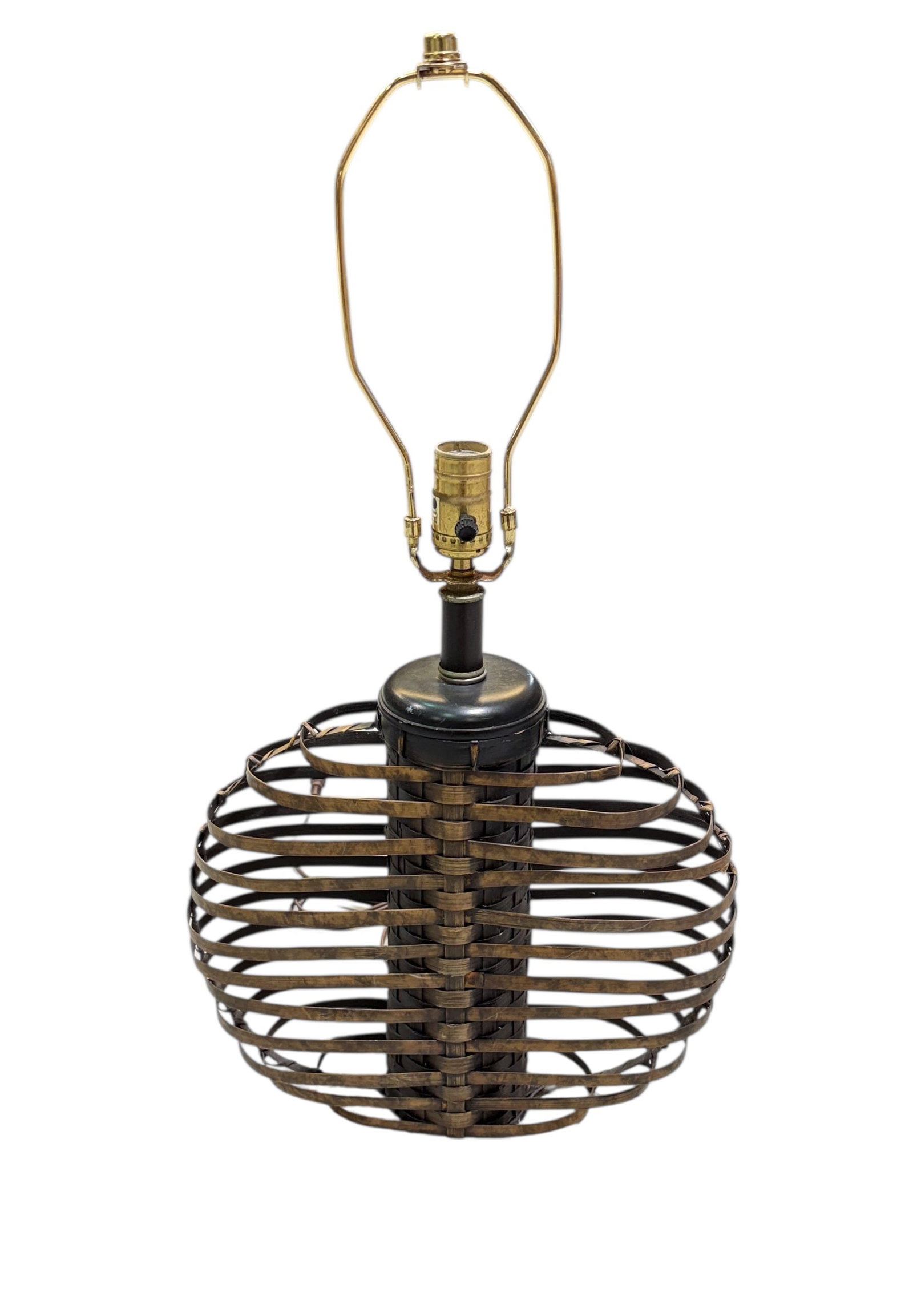 PALECEK RIB CAGE LAMP: METAL RIBBED STRANDS ON STONE BASE, RATTAN BODY. BASE TO SOCKET 20"H