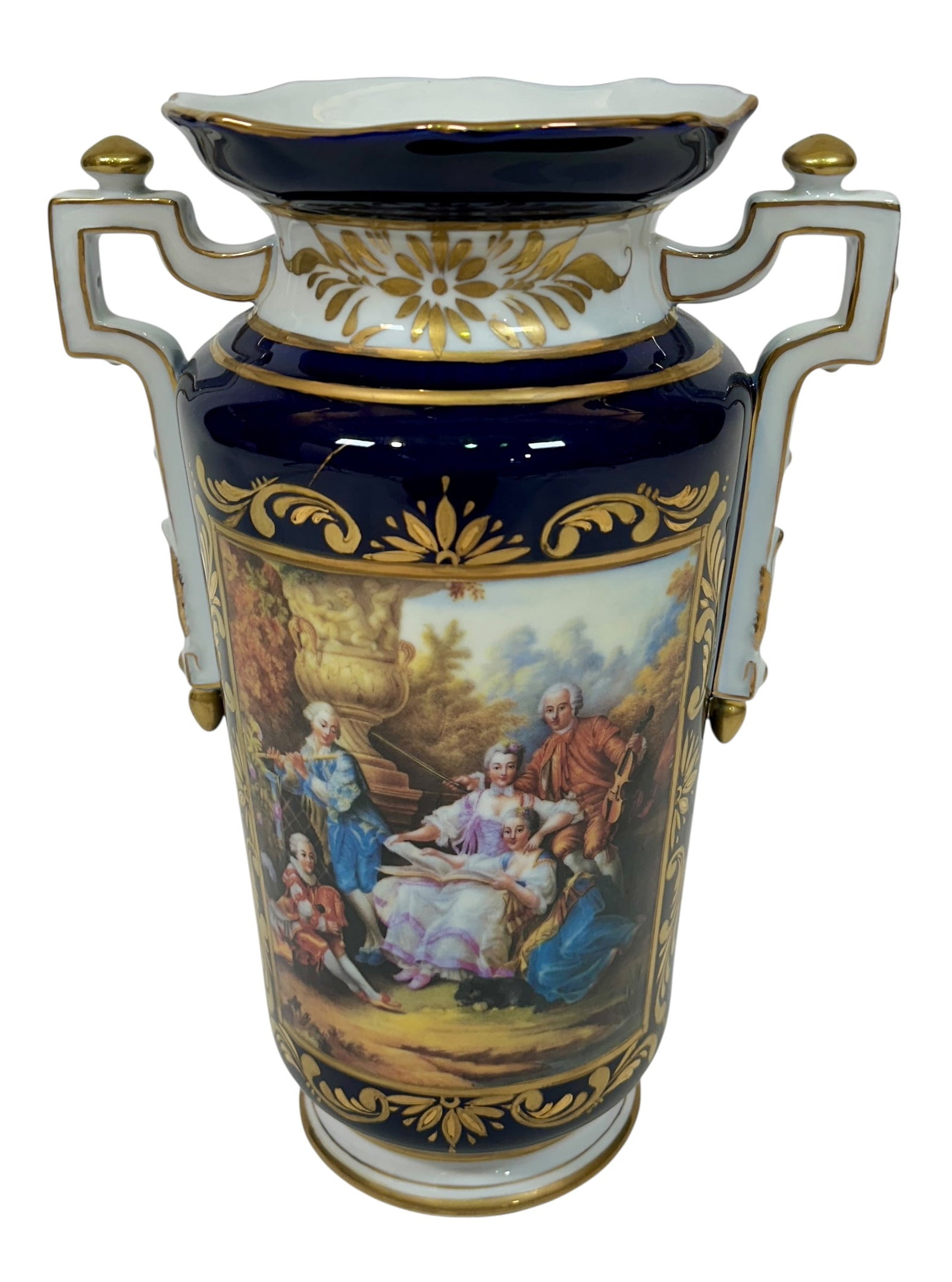 DRESDEN PORCELAIN VASE: LARGE PORCELAIN VASE WITH COURTING AND MUSIC SCENE, GILT ACCENT. 14"H