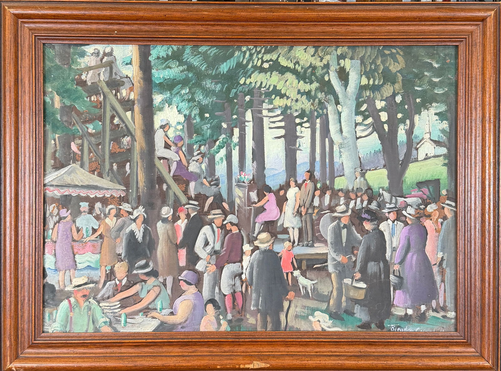 BLENDON CAMPBELL COMMUNITY GATHERING PAINTING: BLENDON CAMPBELL (AMERICAN, 1872-1969) STUDIED IN PARIS, FOUNDED THE CALIFORNIA SOCIETY OF ARTIST AND WAS A WELL-KNOWN ARTIST IN THE SARASOTA AREA. ACRYLIC ON BOARD PAINTING OF A COMMUNITY GATHERING.