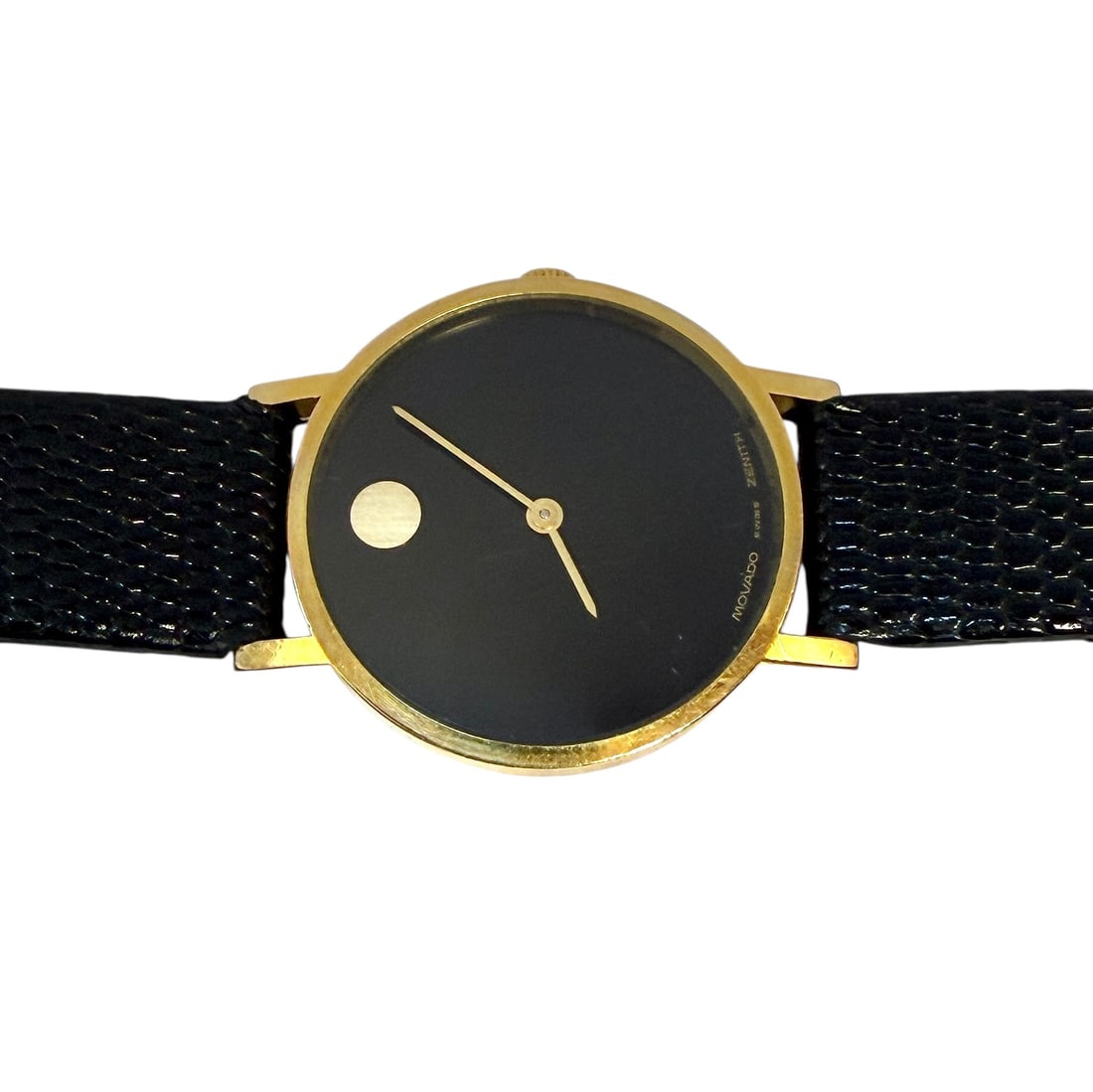 MOVADO ZENITH WRISTWATCH: VINTAGE MOVADO ZENITH, GOLD PLATED CASE, STAINLESS BACK, LIZARD STRAP, RUNNING. WITH ORIGINAL FELT BAG.