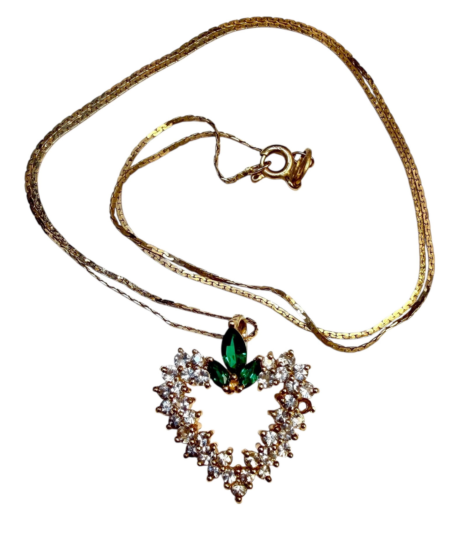 GOLD NECKLACE WITH HEART PENDANT: 14K YELLOW GOLD CHAIN WITH 10K EMERALD AND DIAMOND HEART-SHAPED PENDANT. CHAIN IS 18" AND 1 GRAM, PENDANT 3.5 GRAMS.