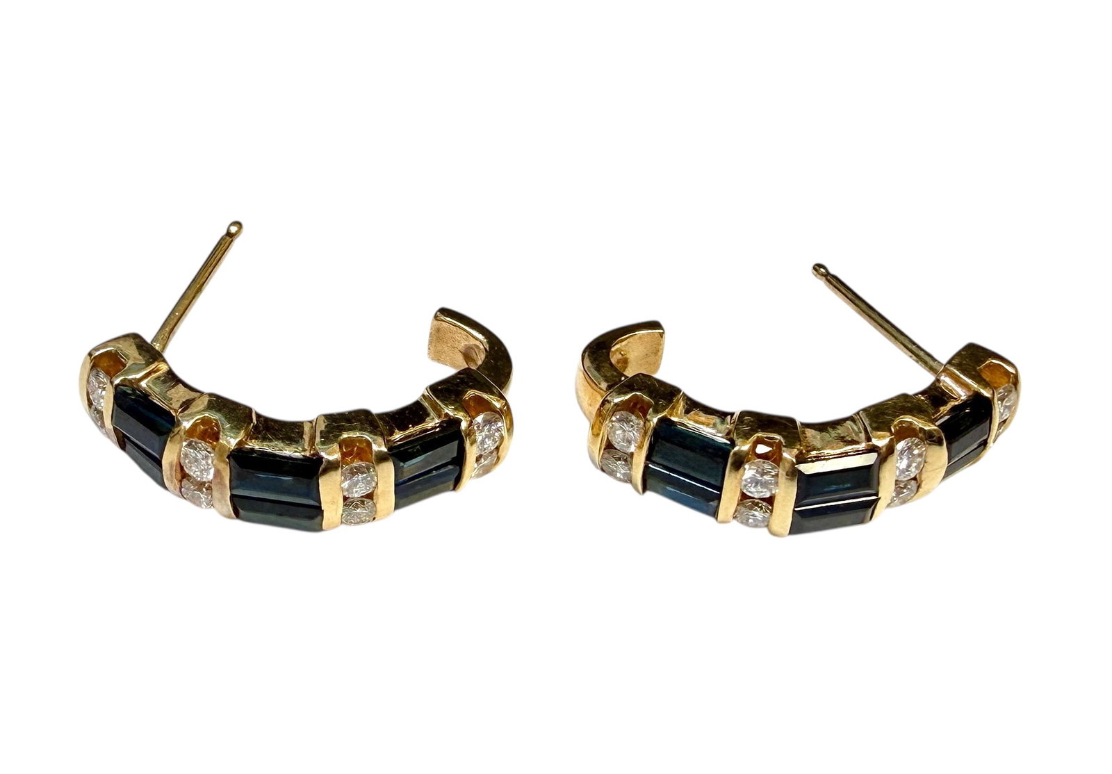 GOLD SAPPHIRE AND DIAMOND HOOP EARRINGS: 14K YELLOW GOLD EARRINGS WITH ALTERNATING BAGUETTE-CUT BLUE SAPPHIRES AND ROUND DIAMONDS. 5 GRAMS TOTAL WEIGHT