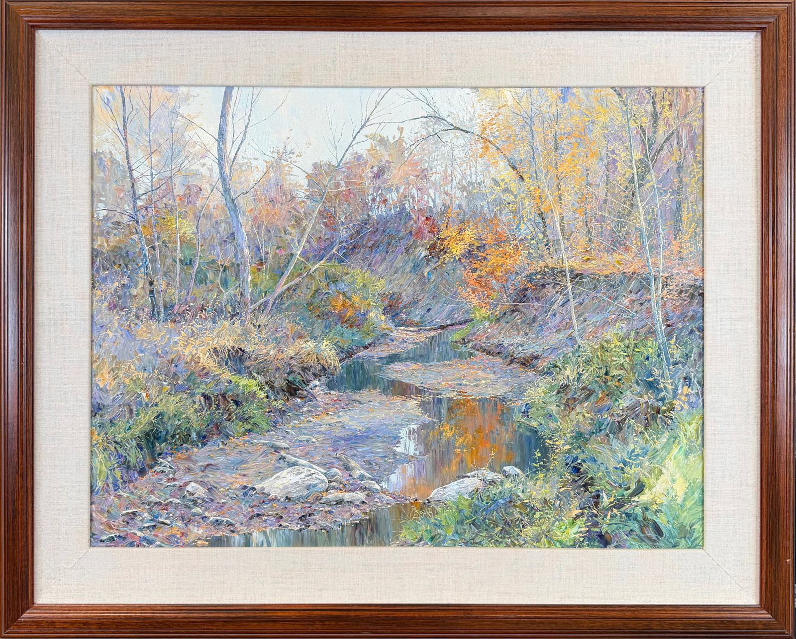 CONNIE J. BOSWELL LANDSCAPE PAINTING: CONNIE C.J. BOSWELL (AMERICAN, CONTEMPORARY) IMPRESSIONISTIC LANDSCAPE PAINTING OF STREAM THROUGH A WOODED AREA. ACRYLIC ON BOARD. FRAMED, 33"X40"