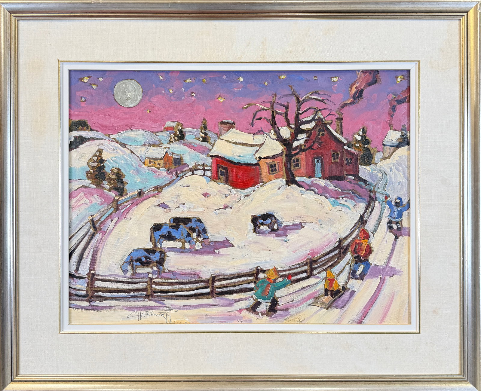 ROD CHARLESWORTH - FULL MOON PASTORAL PAINTING: ROD CHARLESWORTH (CANADIAN, B.1955) OIL ON CANVAS PAINTING, FULL MOON PASTORAL. FRAMED, 28"X33"