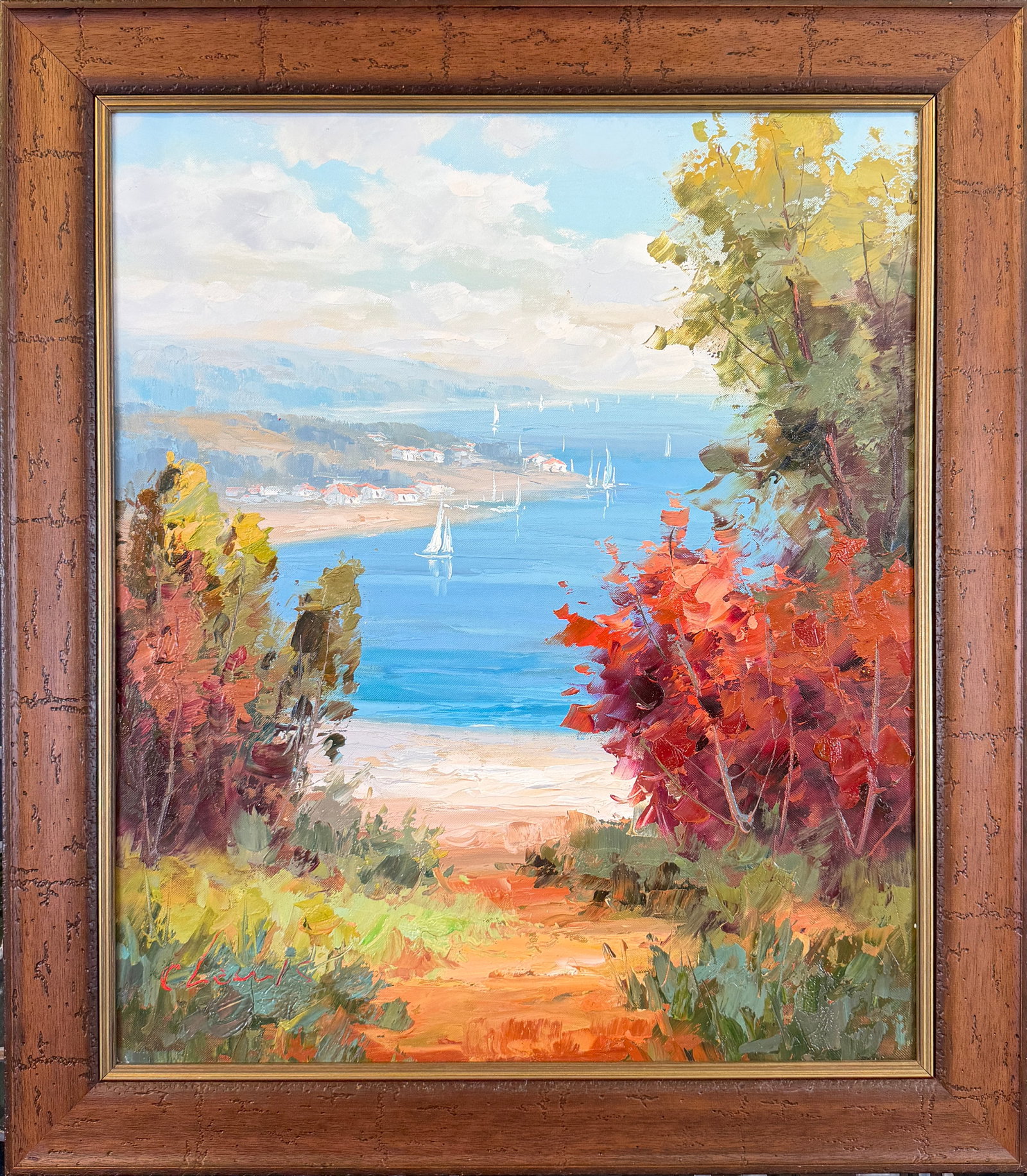 C. LEWIS WATERSIDE LANDSCAPE PAINTING: CHEN TAI-YU UNDER THE PSEUDONYM, C. LEWIS. (CHINESE, CONTEMPORARY). IDEALIC PORTRIAT PAINTING IN THE PATH TO A BEACH OVERLOOKING SAILBOATS ON THE WATER. SIGNED LOWER LEFT C. LEWIS. RUSTIC FRAME. 25"X2
