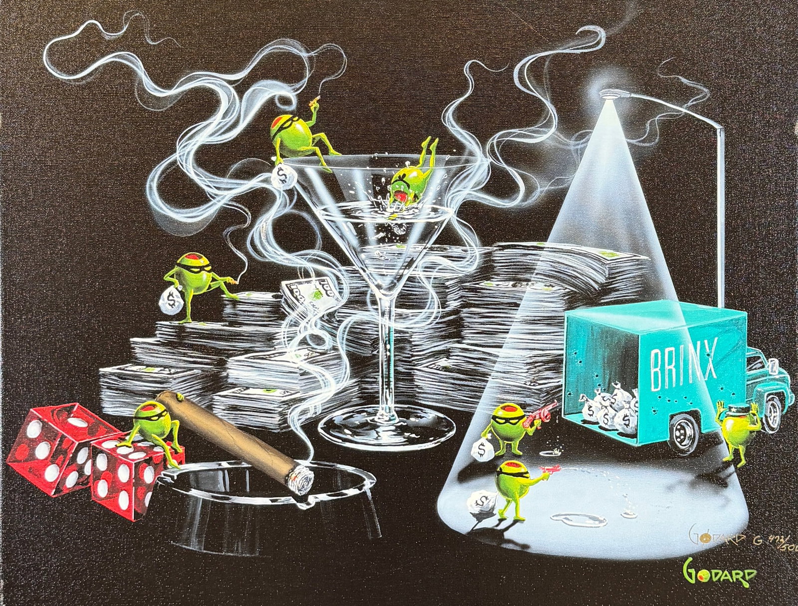 MICHAEL GODARD - THE HEIST: MICHAEL GODARD (AMERICAN, B.1958) HAND EMBELLISHED GICLEE ON CANVAS. SIGNED. 472/500. GALLERY WRAPPED. WITH CERTIFICATE. 18"X22"