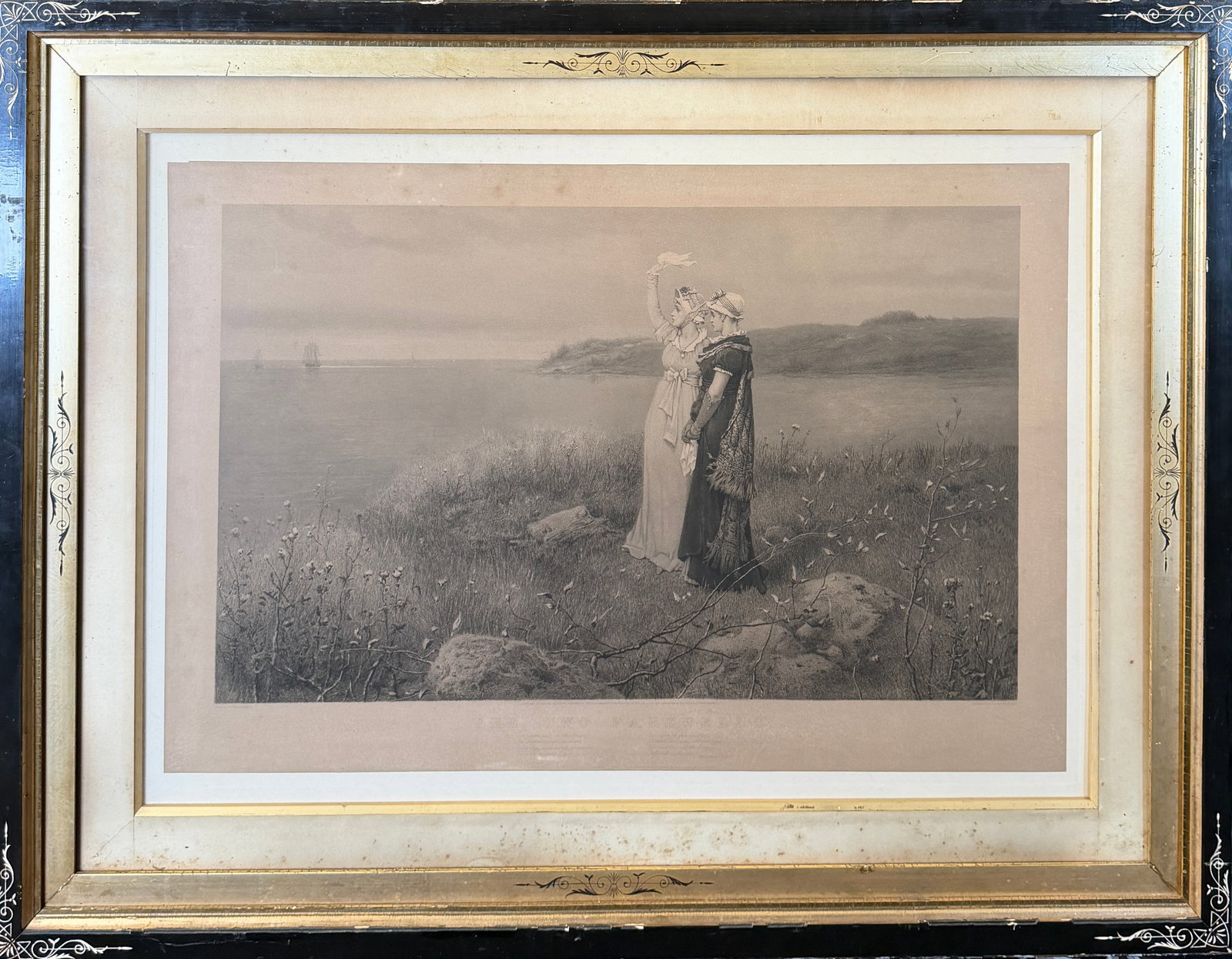 THE TWO FAREWELLS - ENGRAVING PRINT: AFTER BOUGHTON'S, THE TWO FAREWELLS, ENGRAVING BY CHARLES MOTTRAM, 1875. FRAMED UNDER GLASS. FRAME WITH WEAR. 37"X47"