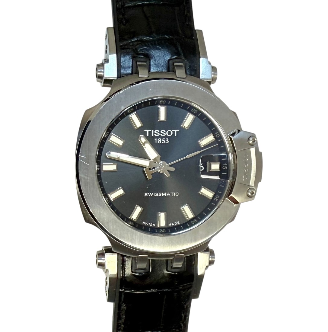 TISSOT POWERMATIC SWISS WATCH: AUTOMATIC, STAINLESS, SAPPHIRE LENS, LEATHER BAND. RUNNING.