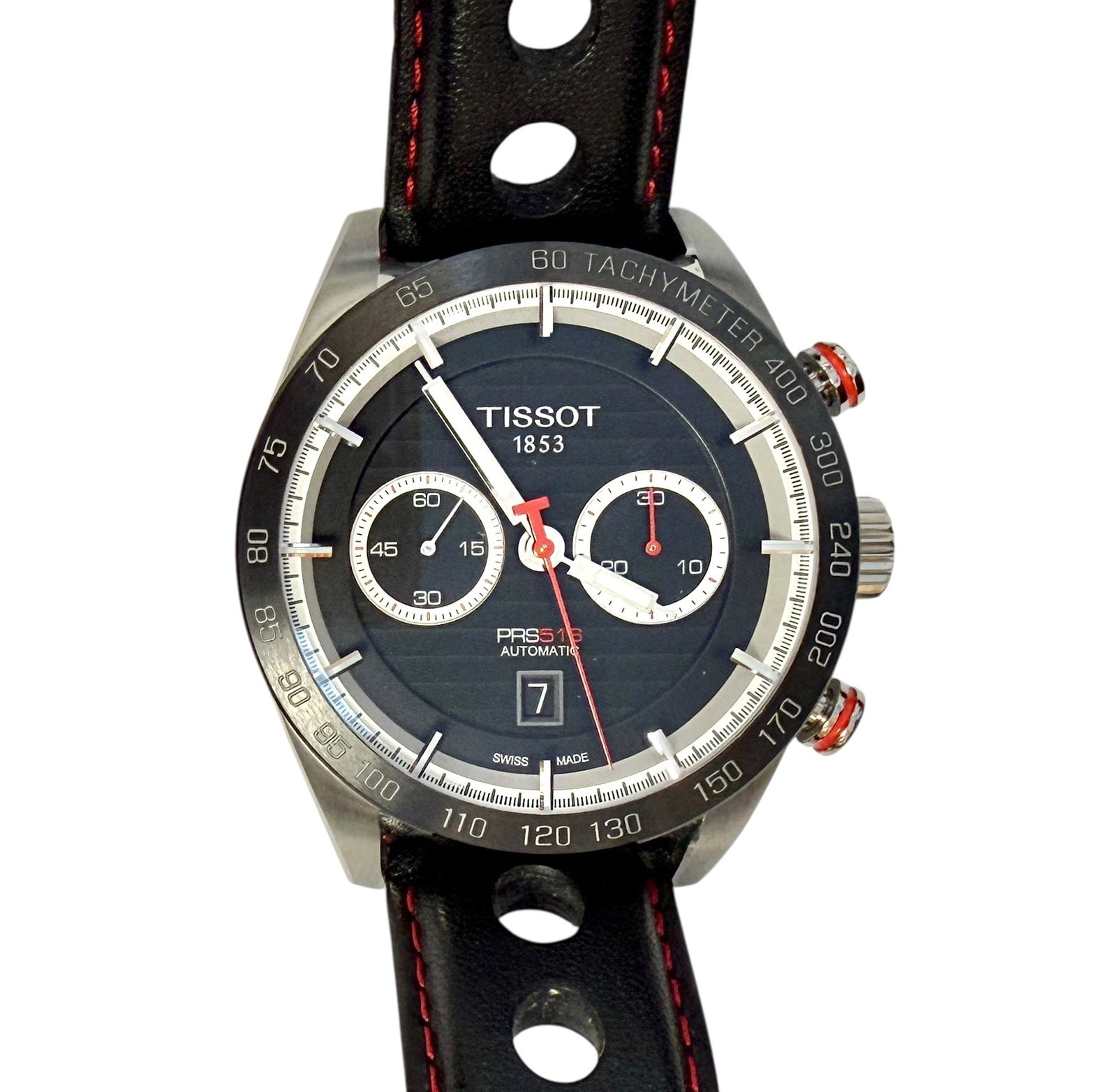 TISSOT PRS516 SWISS WATCH: AUTOMATIC, TACHYMETER, STAINLESS, SAPPHIRE LENS, LEATHER STRAP. RUNNING.