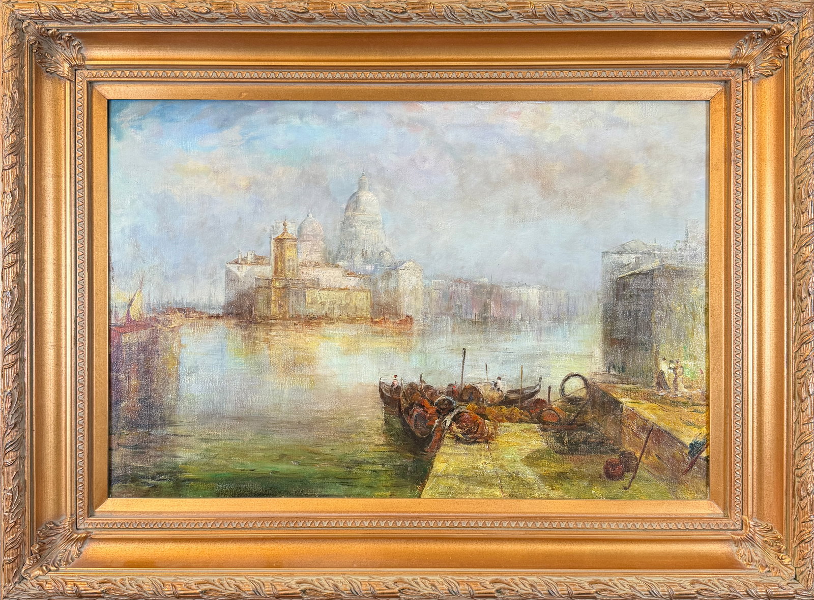 VENETIAN PAINTING OF WATERWAY - DOGE: UNSIGNED, GILT FRAMED. 35"X47"