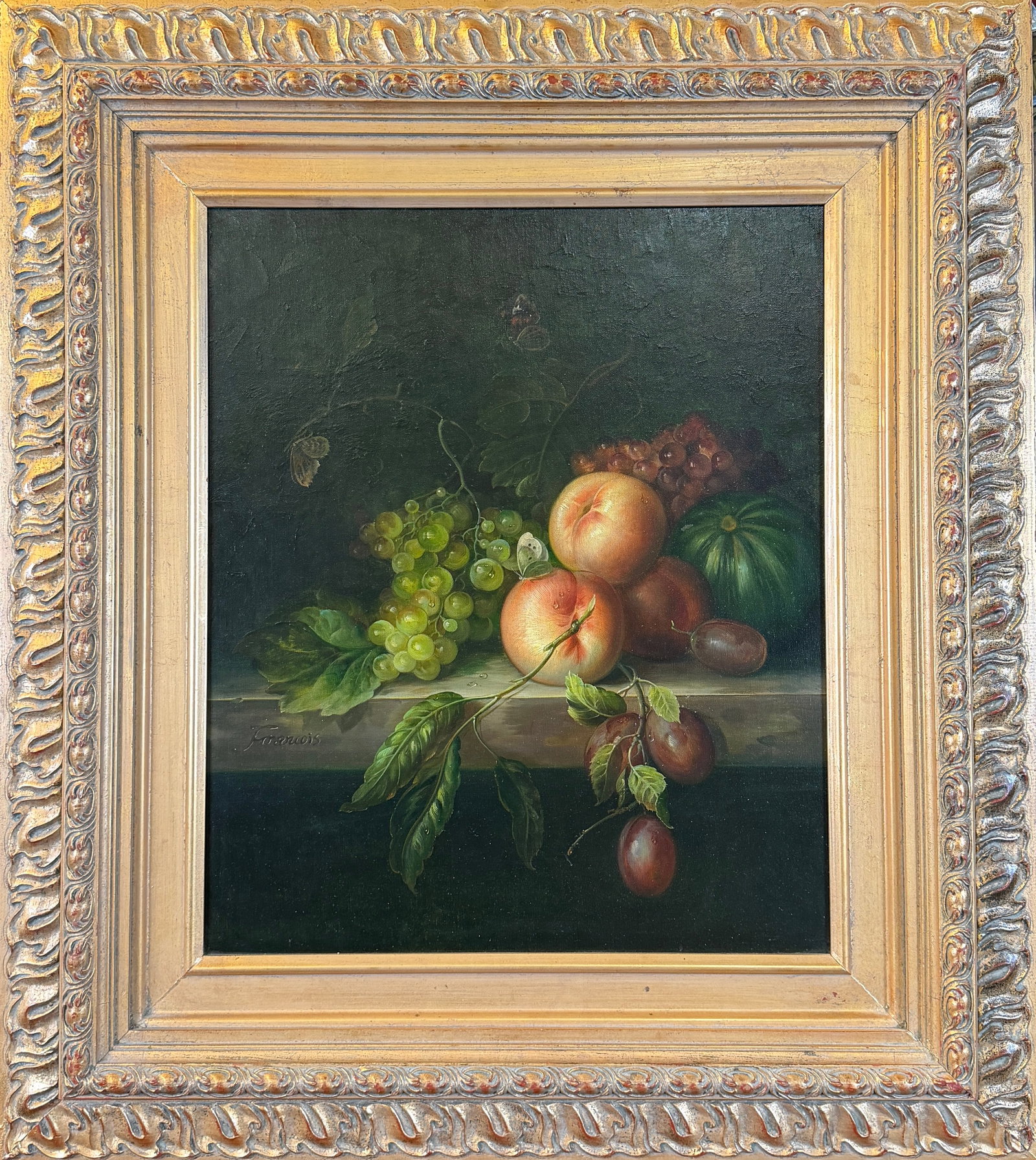 STILL LIFE PAINTING - FRANCOIS: FRENCH TOURIST, STILL LIFE PAINTING SIGNED, FRANCOIS. GILT FRAMED. 37"X33"