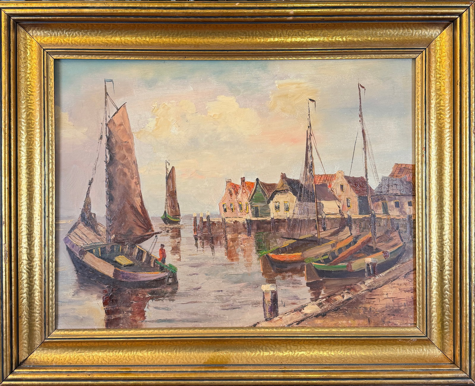 MYSTERY ARTIST - HARBOUR WITH BOATS PAINTING: UNSIGNED PAINTING OF BOATS IN A HARBOUR. GILT FRAMED. 28"X35"