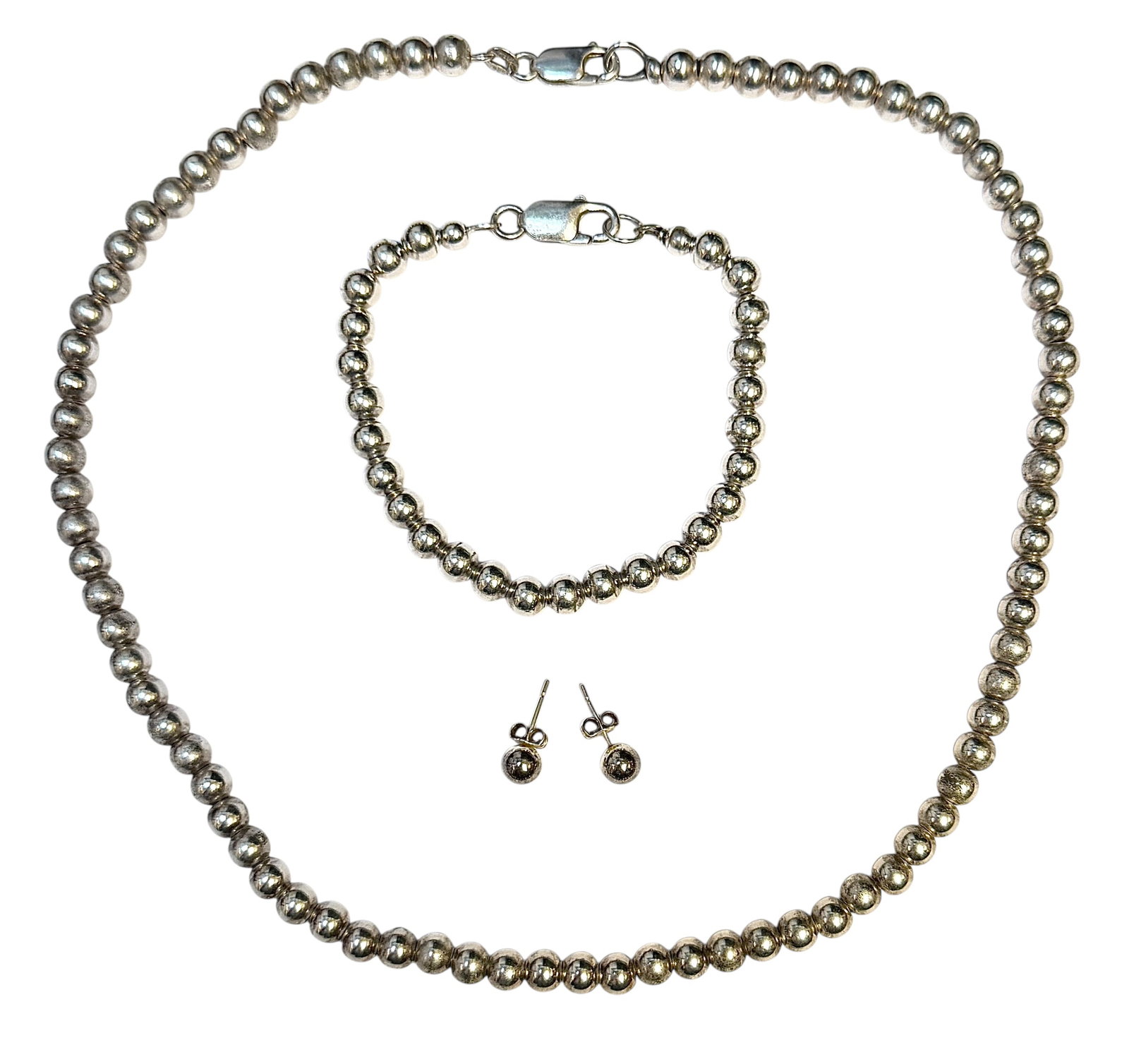 STERLING SILVER BEAD JEWELRY SET: 5MM STERLING BEAD NECKLACE 18", BRACELET 7" AND EARRINGS. 49.6 GRAMS IN TOTAL WEIGHT