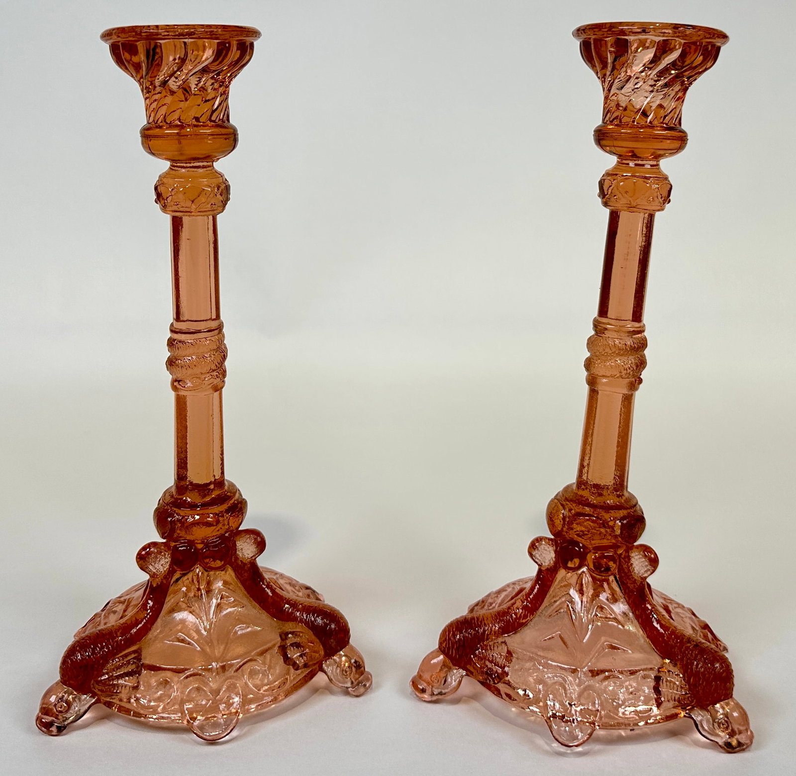 PORTIEUX FALLERYSTHAL ART GLASS CANDLESTICKS: DOLPHINE ACCENT FEET, CASTING ABNORMALITIES. 9.5"