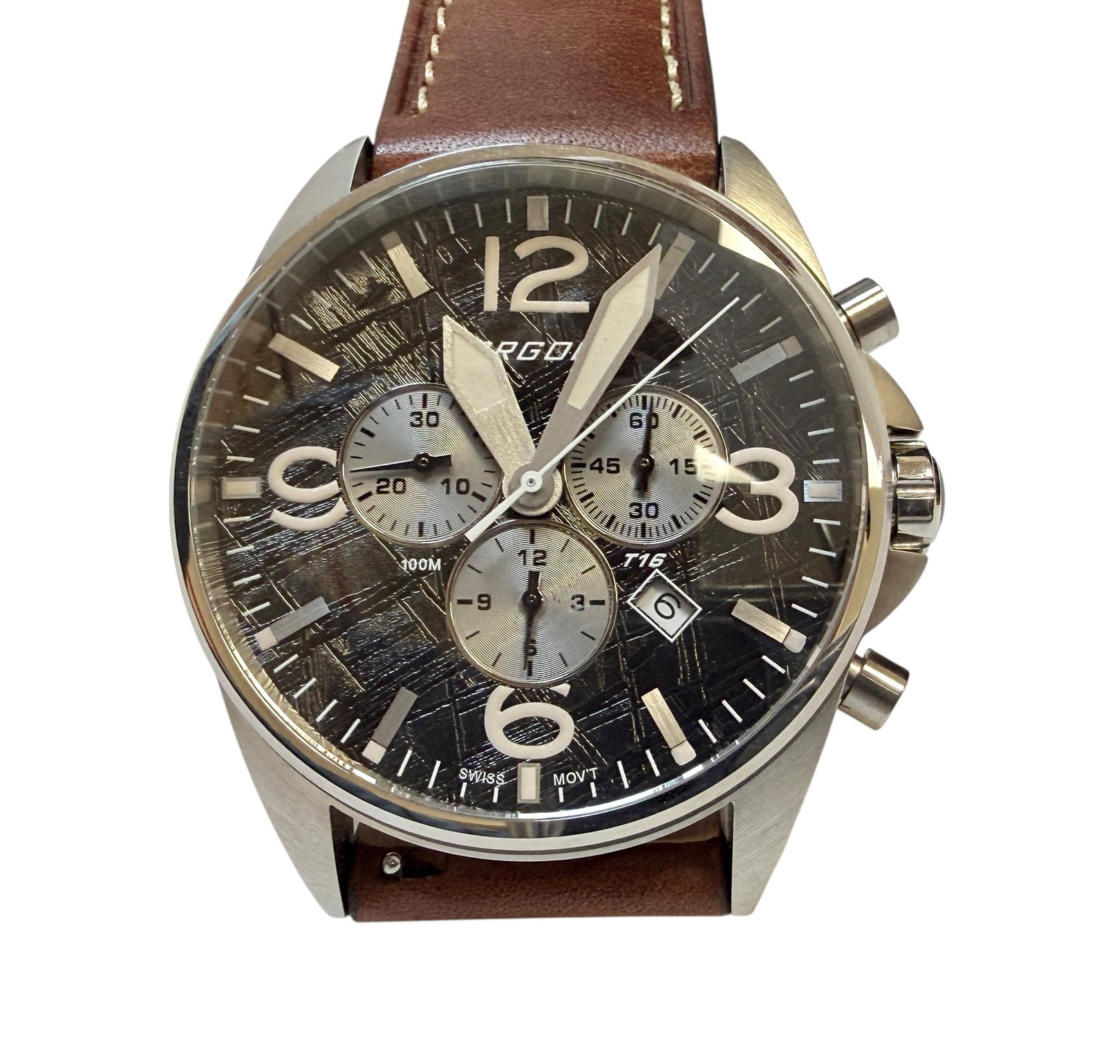 TORGOEN T16 SWISS WATCH: MUONIONALUSTA METEORITE DIAL, STAINLESS, SAPPHIRE LENS, LEATHER STRAP. NEW BATTERYY, RUNNING.