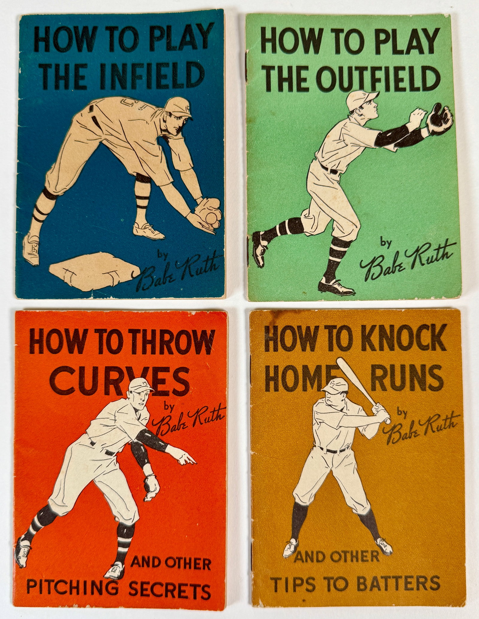 BABE RUTH - QUAKER OATS CO. BOOKLETS: COMPLETE SET OF 1934 QUAKER OATS CO. BOOKLETS ON TOPICS BY BABE RUTH. THE BOOKS WERE RECEIVED IN EXCHANGE FOR CEREAL BOX TOPS. FOUR-BOOKLET SET INCLUDING: HOW TO KNOCK HOME RUNS, HOW TO PLAY THE OUTFI