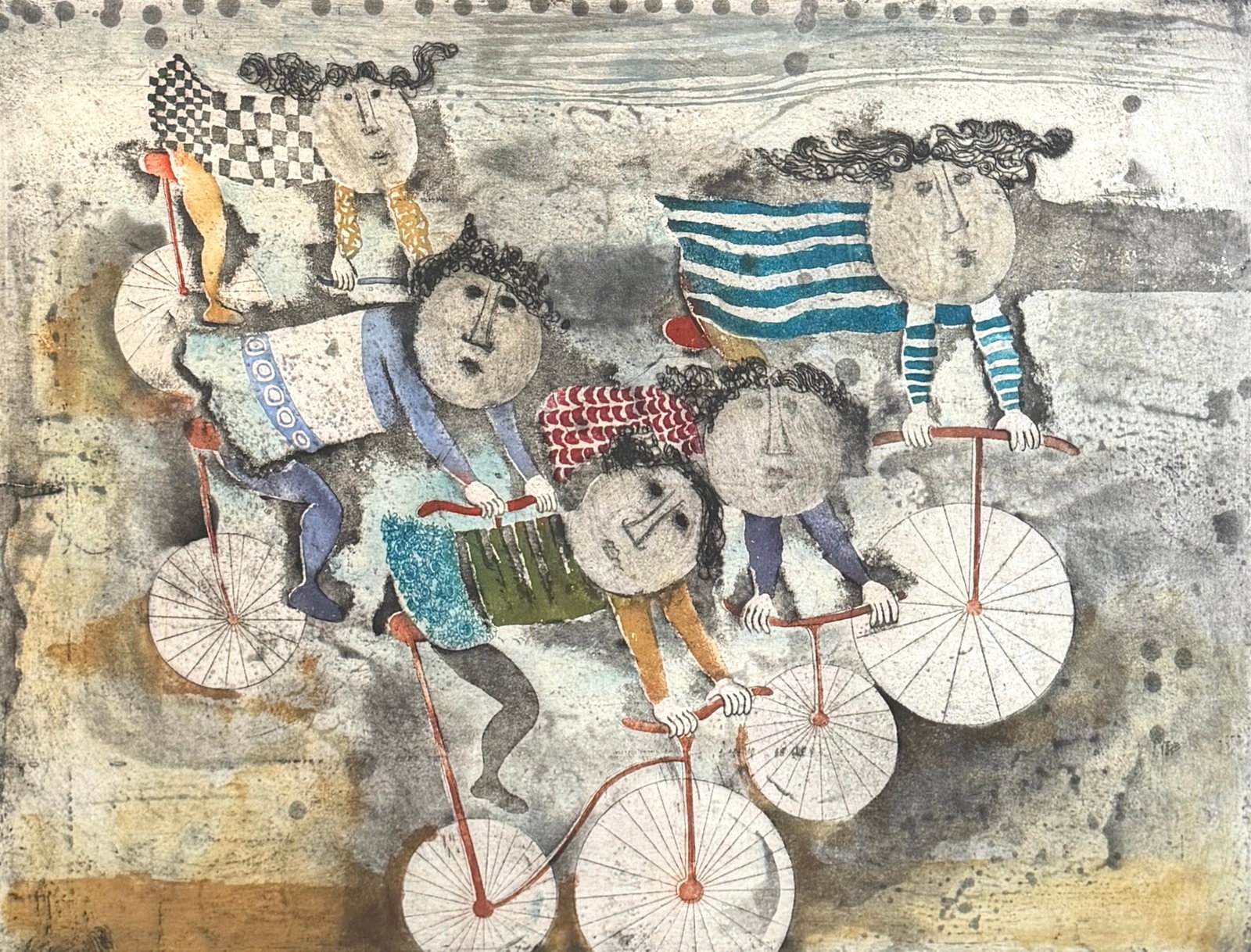 GRACIELA RODO BOULANGER - BICYCLIST: GRACIELA RODO BOULANGER (BOLIVIAN, B.1935) LITHOGRAPH, SIGNED AND NUMBERED IN GRAPHITE. FRAMED, 32"X37"