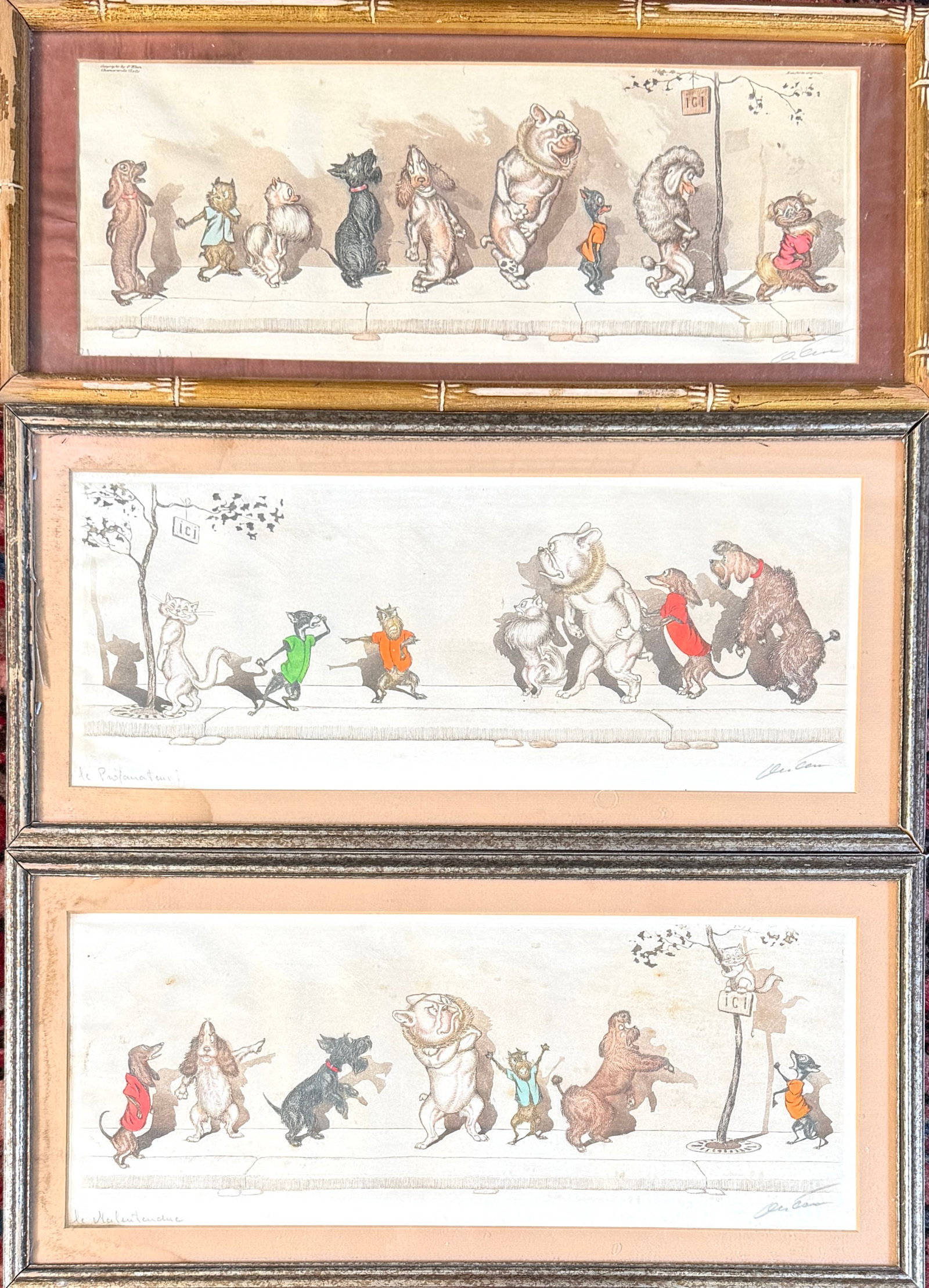 BORIS O'KLEIN - DIRTY DOGS OF PARIS: HAND-TINTED ETCHINGS IN PAPER, SIGNED. SCATTERED FOXING AND SOILING. THREE PIECES, FRAMED. LARGEST IS 10"X21"