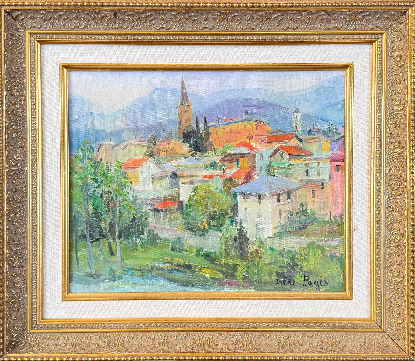 IRENE PAGES - DRONERO PAINTING: IRENE PAGES (FRANCE, B.1934) OIL ON CANVAS PAINTING OF DRONERO, ITALY. SIGNED. FRAMED, 14"X17"