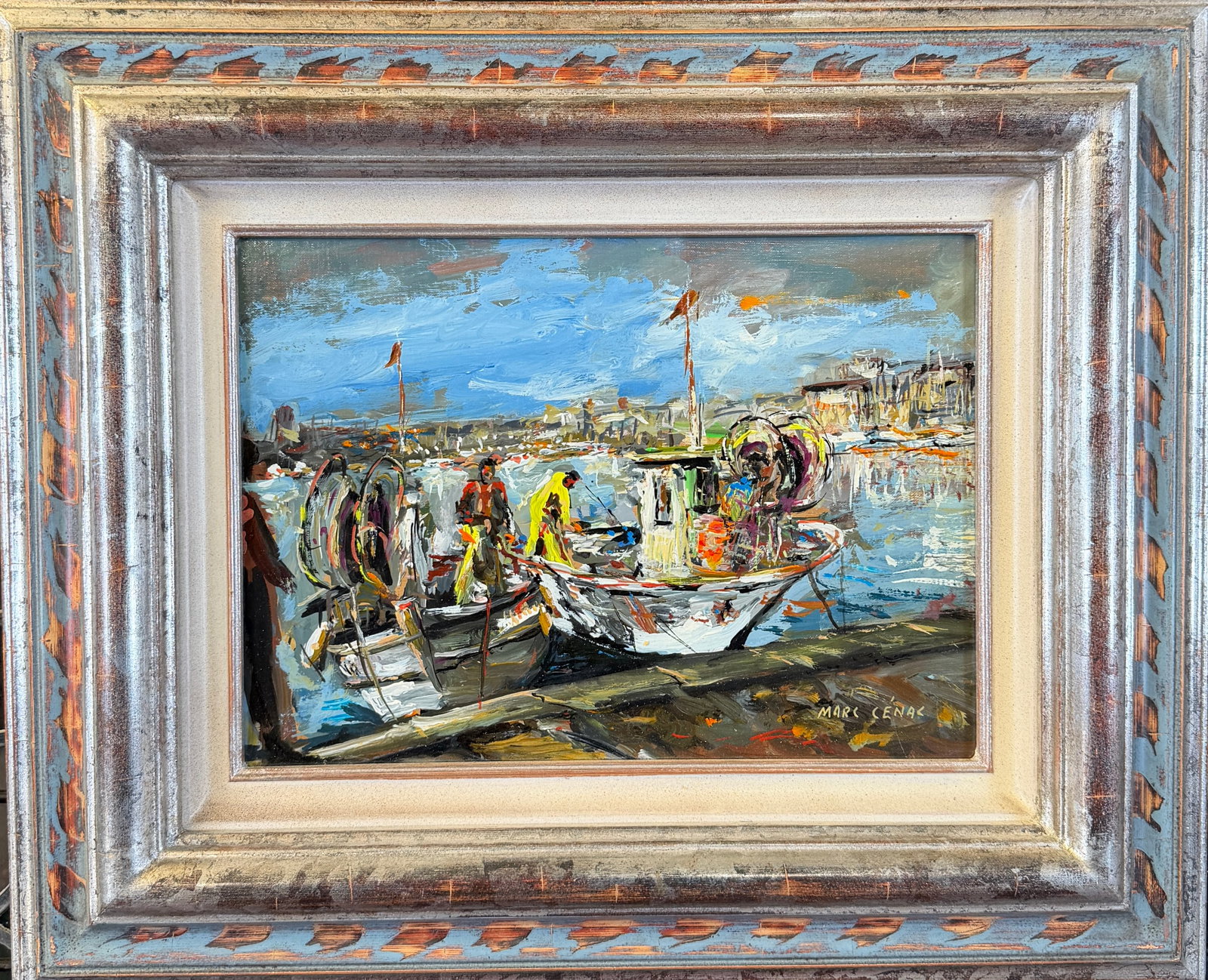 MARC CENAC PAINTING: MARC CENAC (FRENCH, 1920-2004) FISHING BOATS PAINTING. SIGNED. FRAMED, 17"X20"