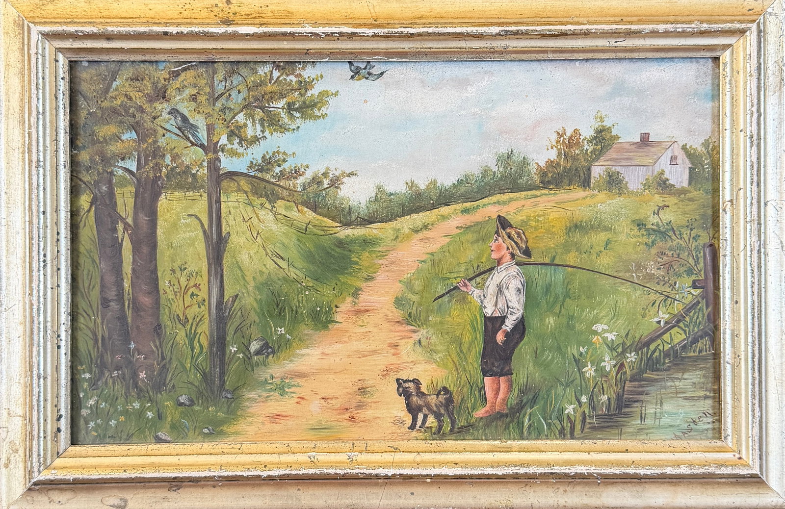MASTEN PAINTING OF BOY WITH DOG: SIGNED MASTEN OIL ON BOARD, BOY WITH HIS DOG AND FISHING POLE. FRAMED, 11"X17"