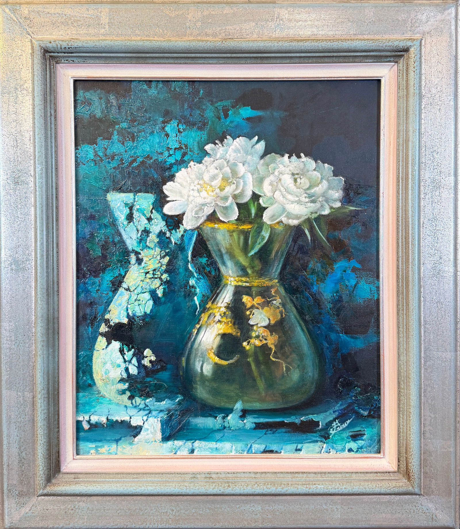 FRENCH STILL LIFE PAINTING: ARTIST SIGNED ILLEGIBLY, FRENCH GALLERY LABEL ON VERSO. FRAMED, 29"X33"