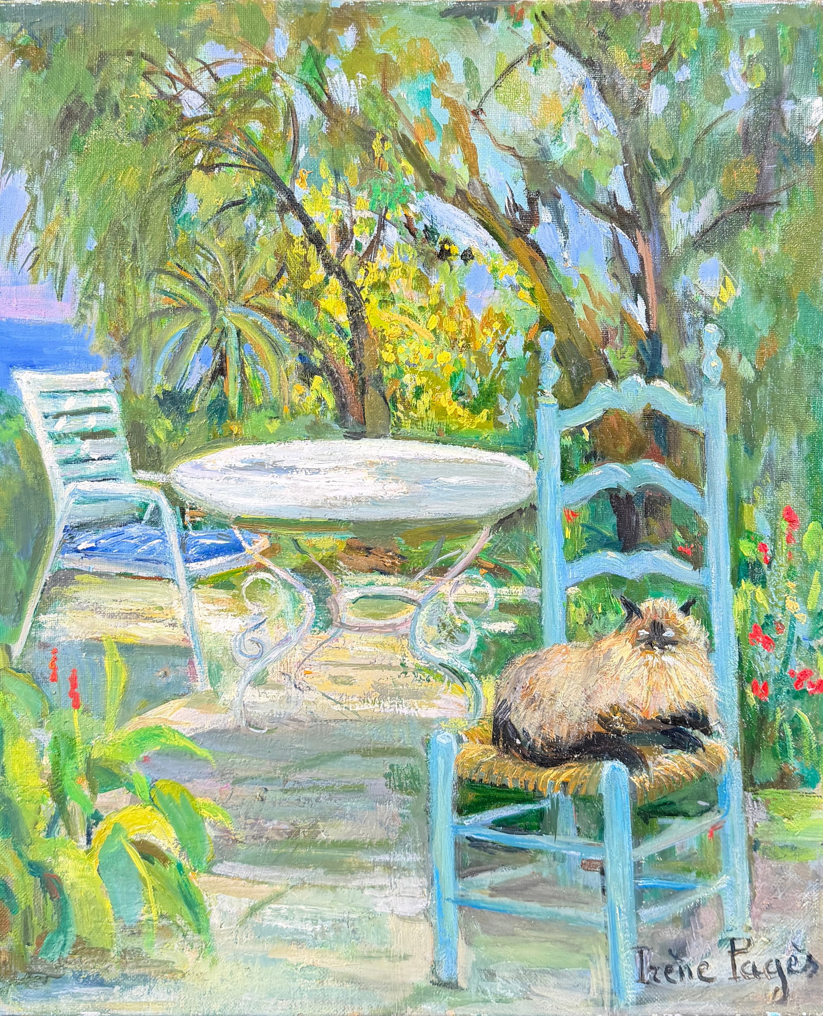 IRENE PAGES - CAT IN THE GARDEN: IRENE PAGES (FRANCE, B.1934) OIL ON CANVAS PAINTING OF CAT IN THE GARDEN. SIGNED. 18"X15"