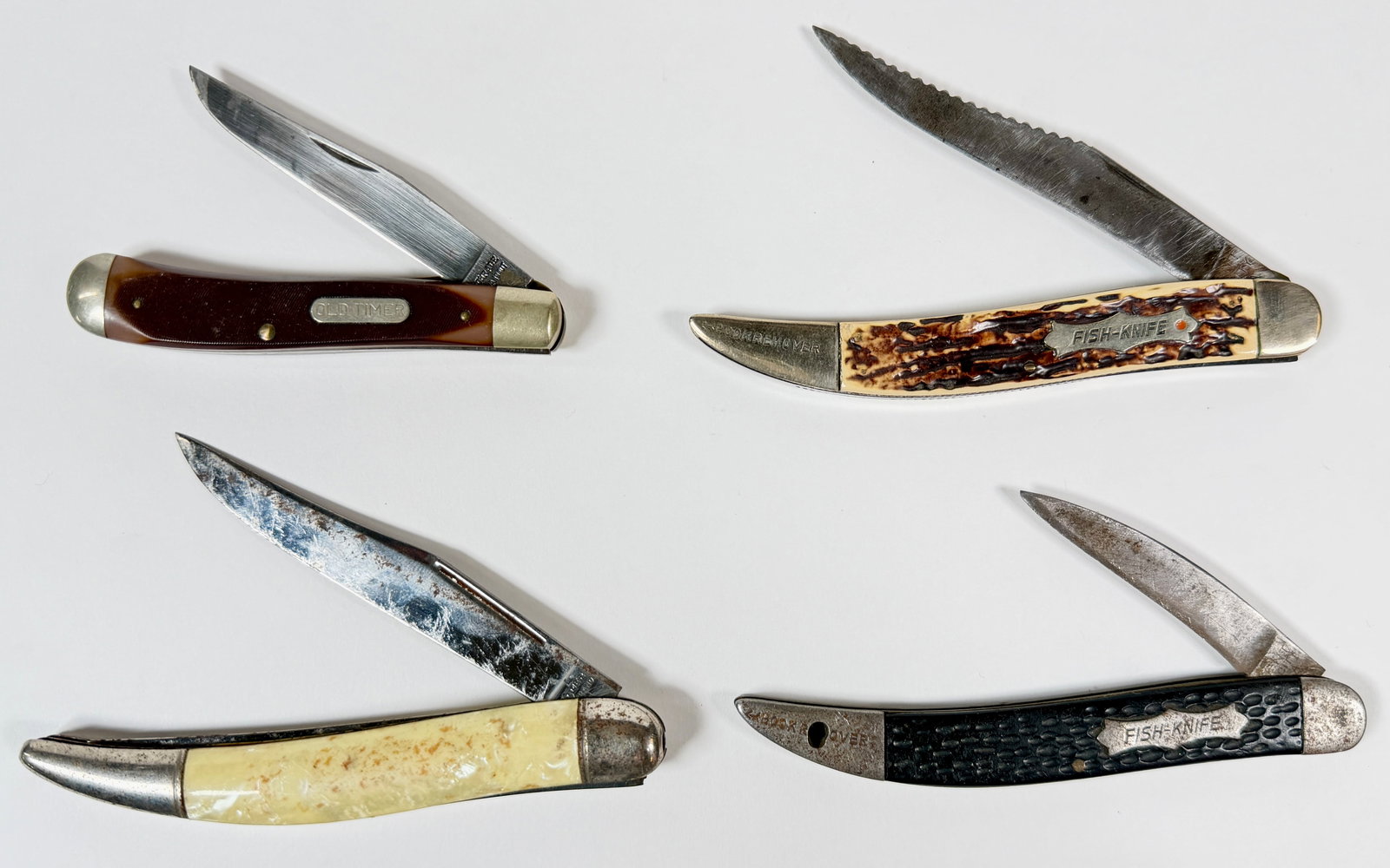 COLLECTION OF VINTAGE FOLDING KNIVES: HAMMER, FISH KNIFE (2), OLD TIMER/SCHRADE