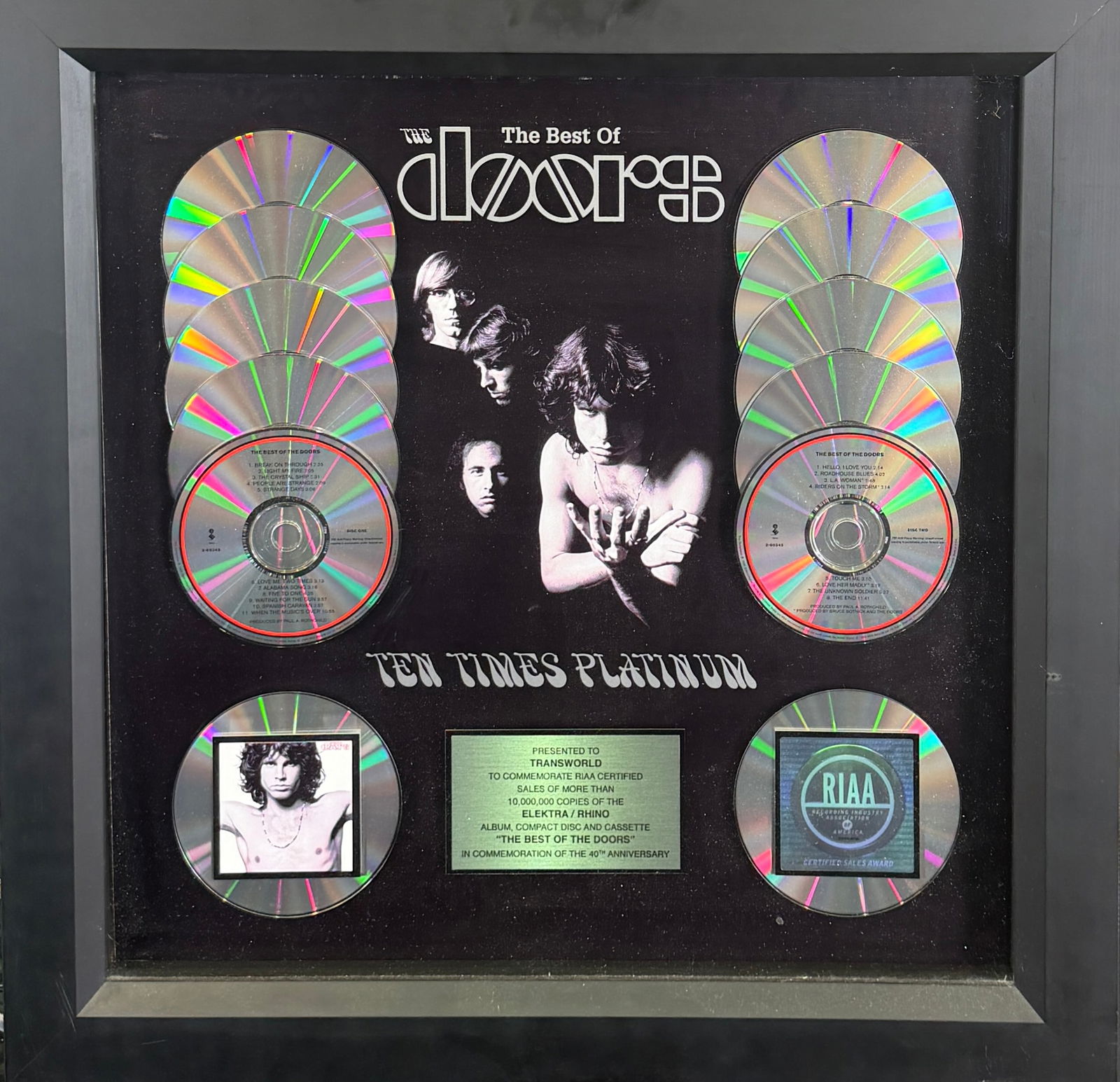 BEST OF THE DOORS - RIAA PLATINUM DISPLAY: PROFESSIONALLY FRAMED DISPLAY COMMEMORATING THE RIAA TEN TIMES PLATINUM AWARD TO TRANSWORLD FOR 10,000,000 COPIES SOLD. 23"X23"