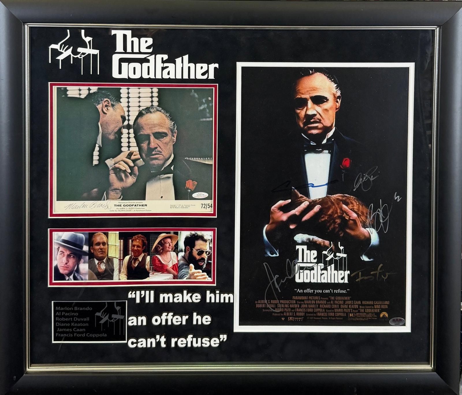 THE GODFATHER MOTION PICTURE DISPLAY: PROFESSIONALLY FRAMED DISPLAY OF THE MOTION PICTURE, THE GODFATHER. SIGNED LOBBY CARD, PHOTO STILL, PHOTO PRINT. AUTOGRAPHED BY THE GODFATHER CAST. MOVIE STILL SIGNED BY MARLON BRANDO. CERT BY A.A.U A