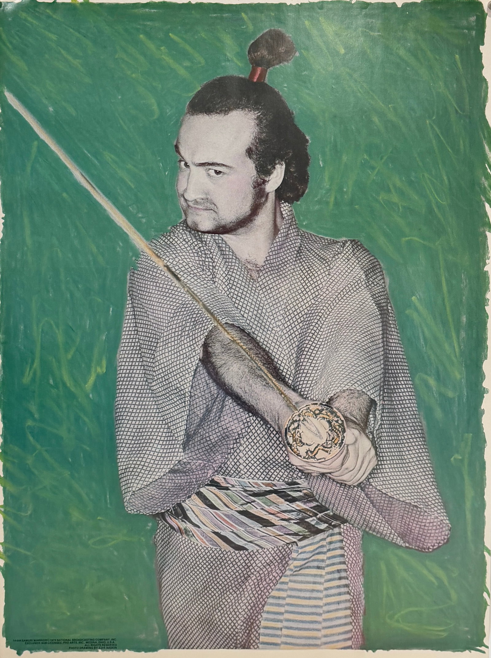 VINTAGE SAMURAI WARRIOR - JOHN BELUSHI POSTER: VINTAGE POSTER DEPICTING JOHN BELUSHI AS SAMURAI WARRIOR ON SATURDAY NIGHT LIVE. PHOTOGRAPHED BY EDIE BASKIN BRONSON, NBC, PRO ARTS, INC., 1978. UNMOUNTED. 20"X28"