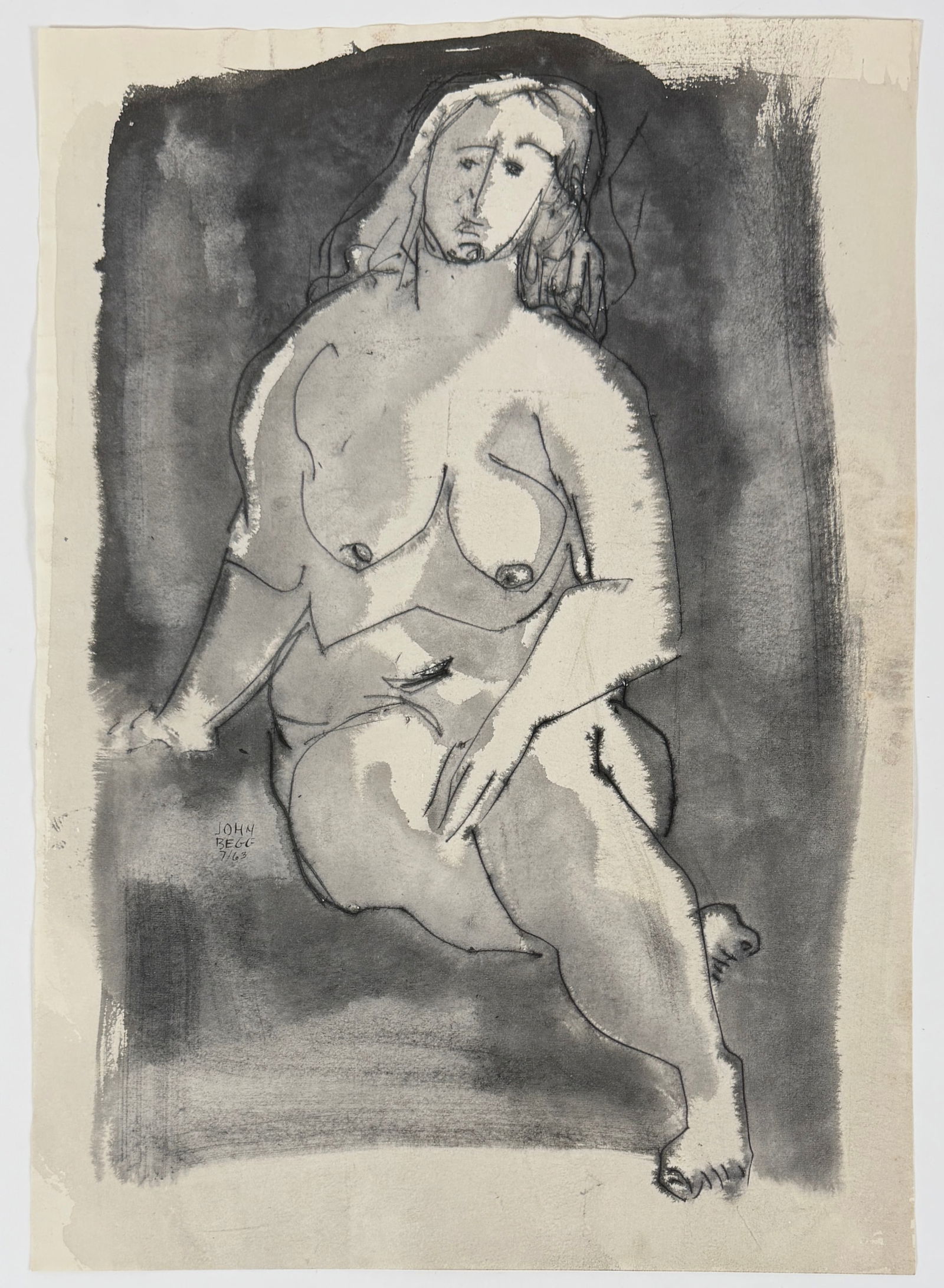 JOHN BEGG PAINTING OF A NUDE WOMAN: JOHN BEGG (AMERICAN, 1903-1974) WATERCOLOR OF A WOMAN, SIGNED, DATED, 1963. UNMOUNTED, 9"X13"