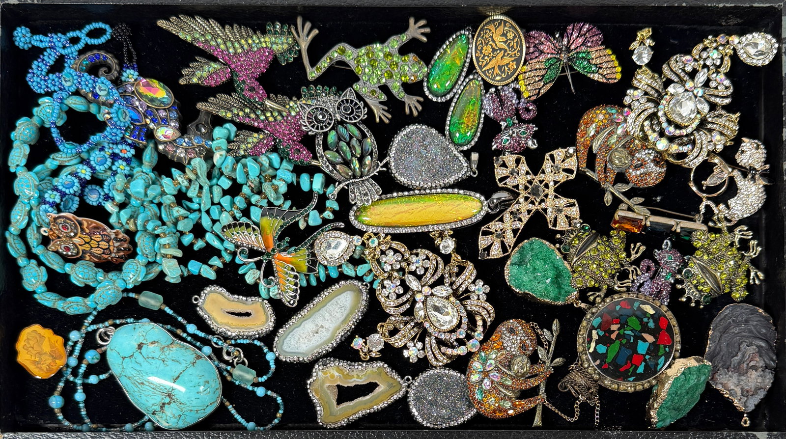 ESTATE COLLECTION OF COSTUME JEWELRY: AUSTRIAN CRYSTAL, SNUFF BOTTLE, TURQUOISE, GEMSTONE JEWELRY.