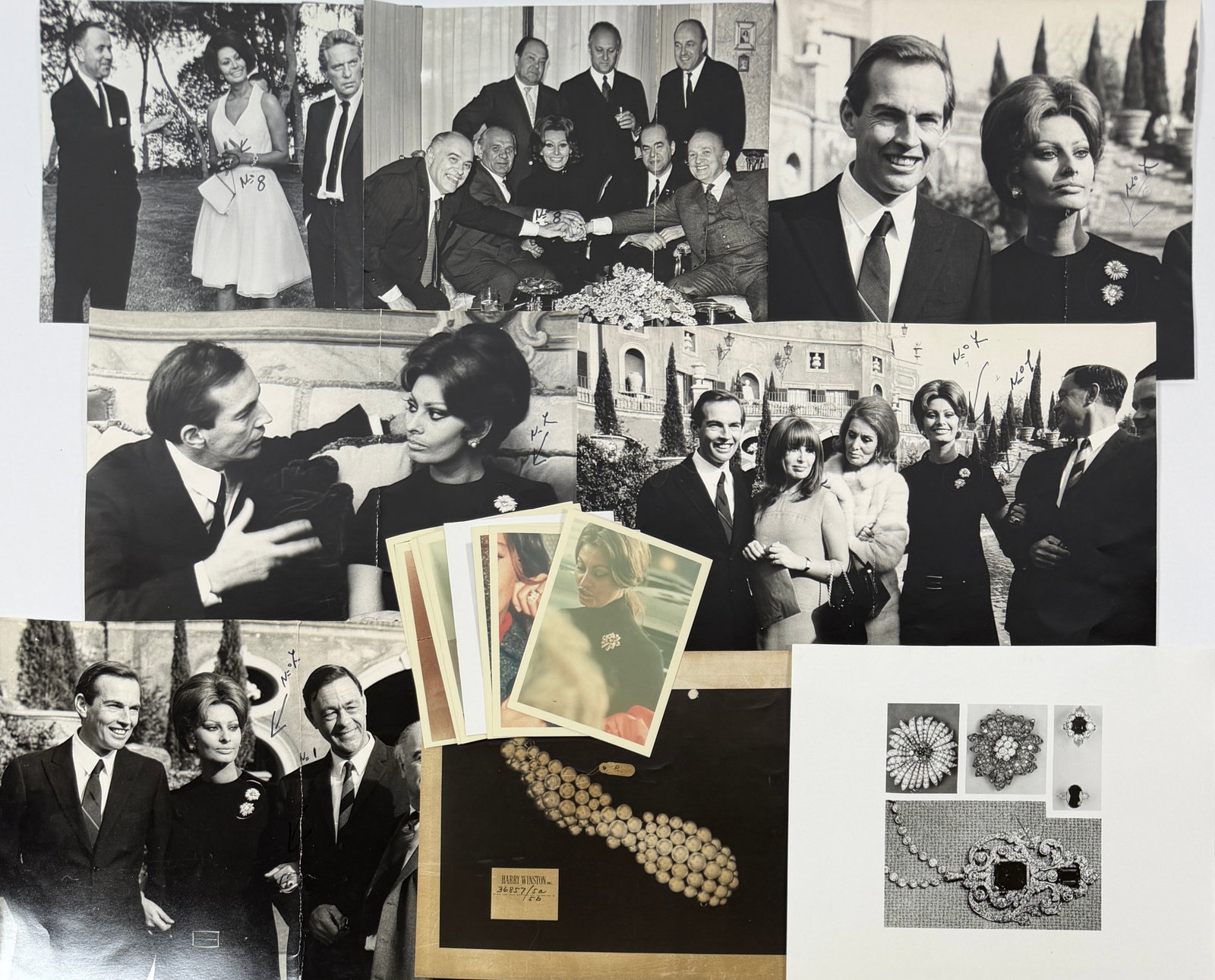 FBI FEDERAL BUREAU OF INVESTIGATION PHOTOGRAPHS: COLLECTION OF EVIDENCE PHOTOGRAPH AS EXHIBIT OF THE JEWELRY STOLEN FROM ACTRESS SOPHIA LOREN. THE FBI WAS CALLED IN TO INVESTIGATE THE HEIST AND USED A SELECTION OF PHOTOGRAPHS FOR IDENTIFICATION. SER