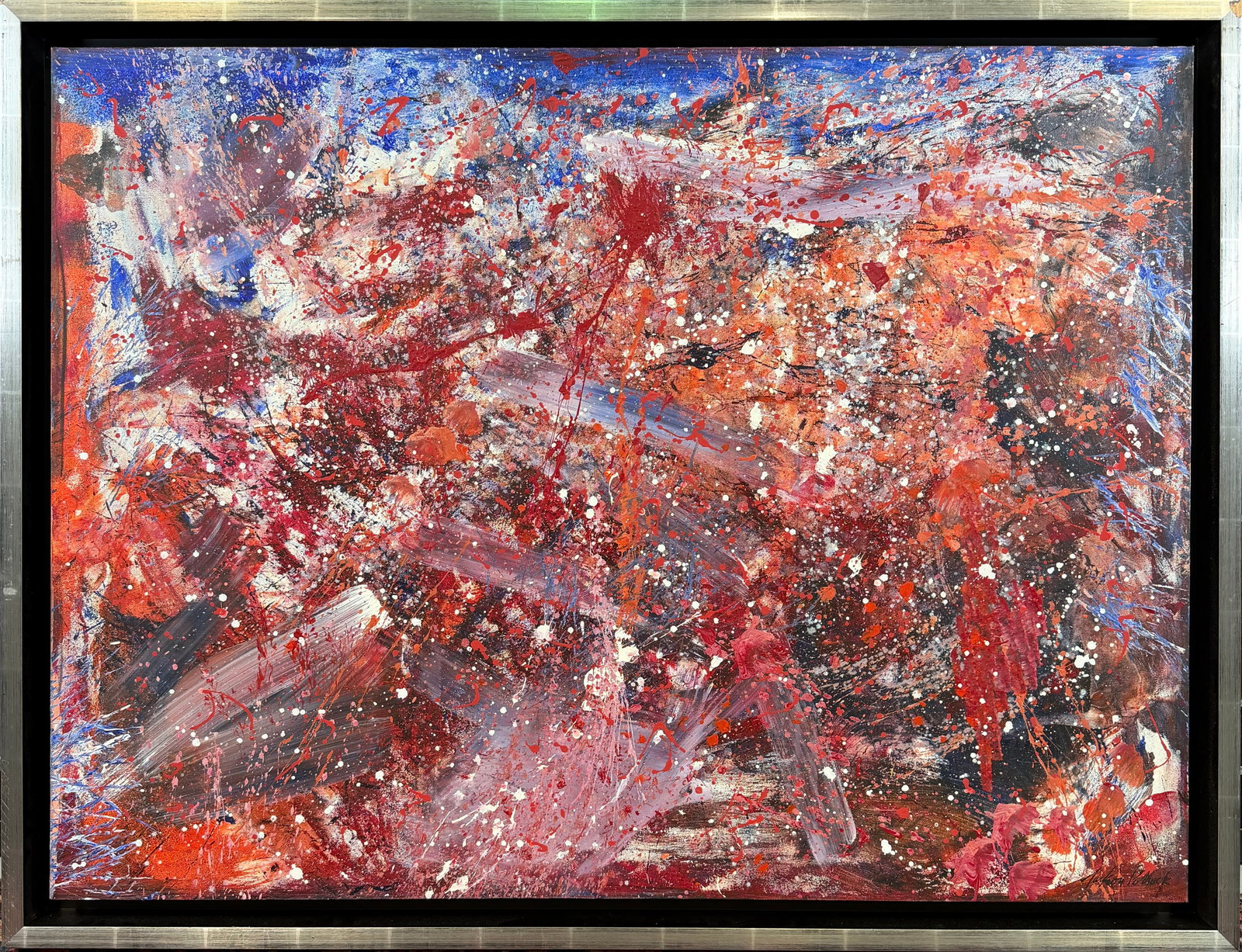 AFTER JACKSON POLLOCK LARGE PAINTING: TRIBUTE PAINTING IN THE MANNER OF JACKSON POLLOCK. ABSTRACT ACRYLIC ON CANVAS. SIGNED, FRAMED, 40"X52"