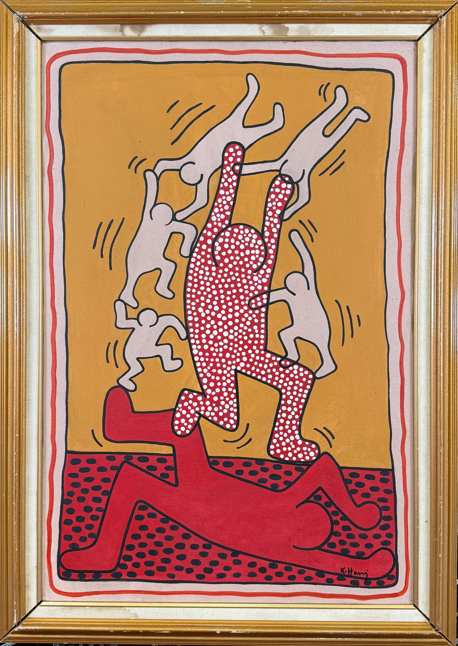 AFTER KEIGH HARING PAINTING: TRIBUTE PAINTING IN THE MANNER OF KEITH HARING. ACRYLIC ON CANVAS. SIGNED, FRAMED, 29"X42"