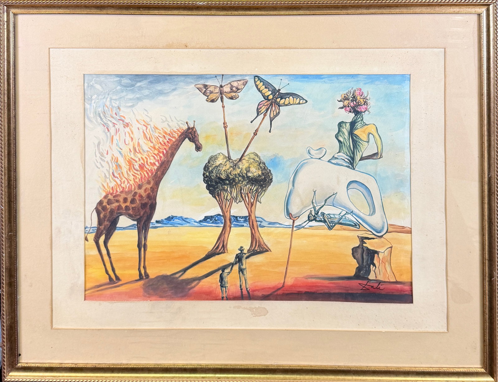 AFTER SALVADOR DALI PAINTING: TRIBUTE PAINTING IN THE STYLE OF SALVADOR DALI. MIXED MEDIA ON PAPER. SIGNED, FRAMED, 32"X42"